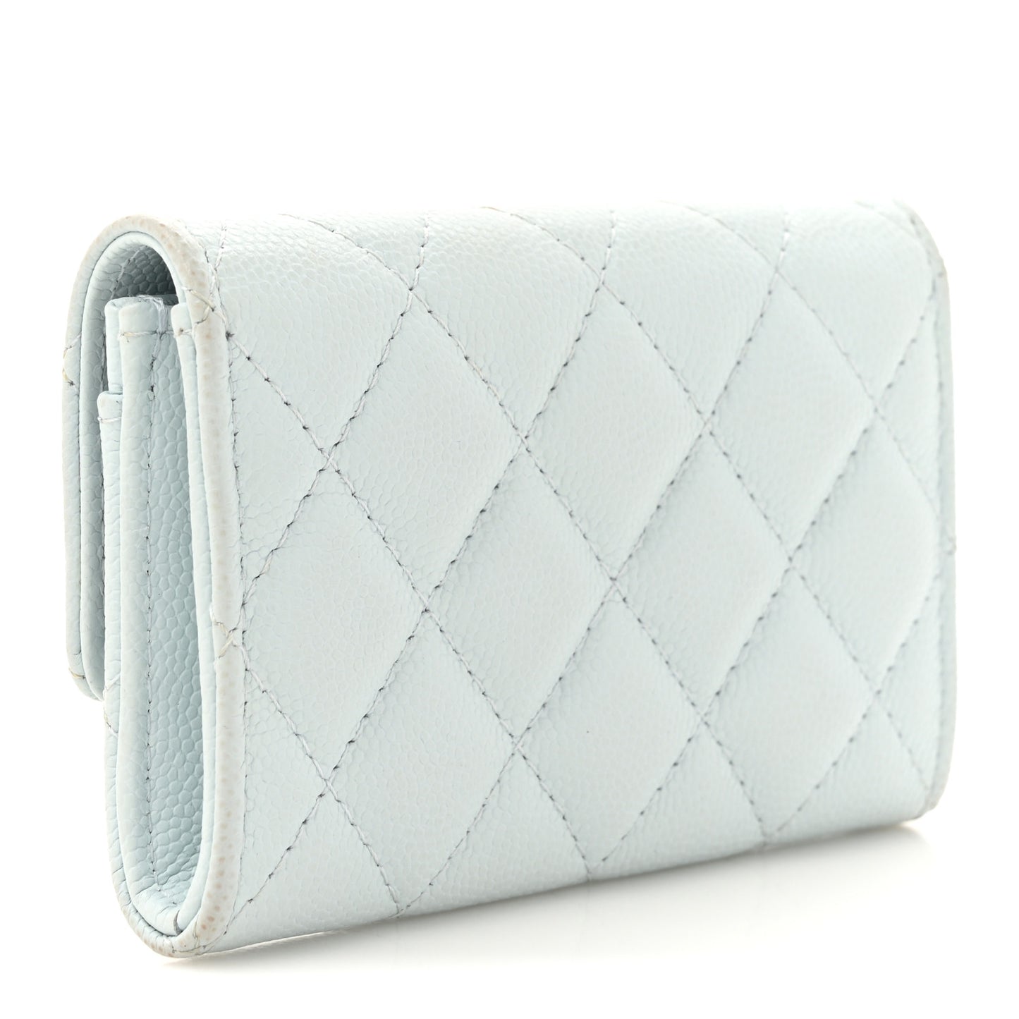 Shiny Caviar Quilted Crystal CC Flap Card Holder Light Blue
