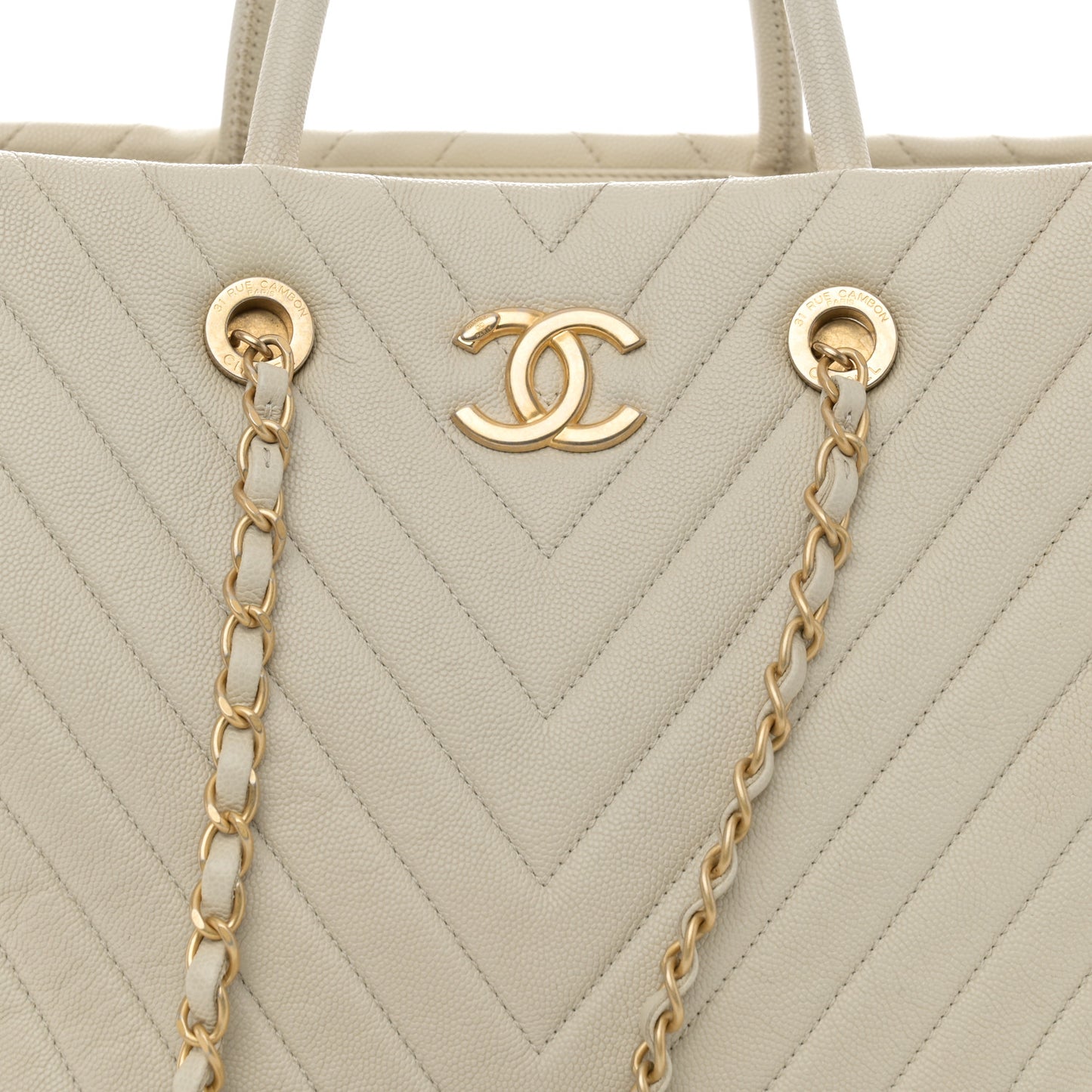 Caviar Chevron Quilted Coco Handle Shopping Tote Ivory