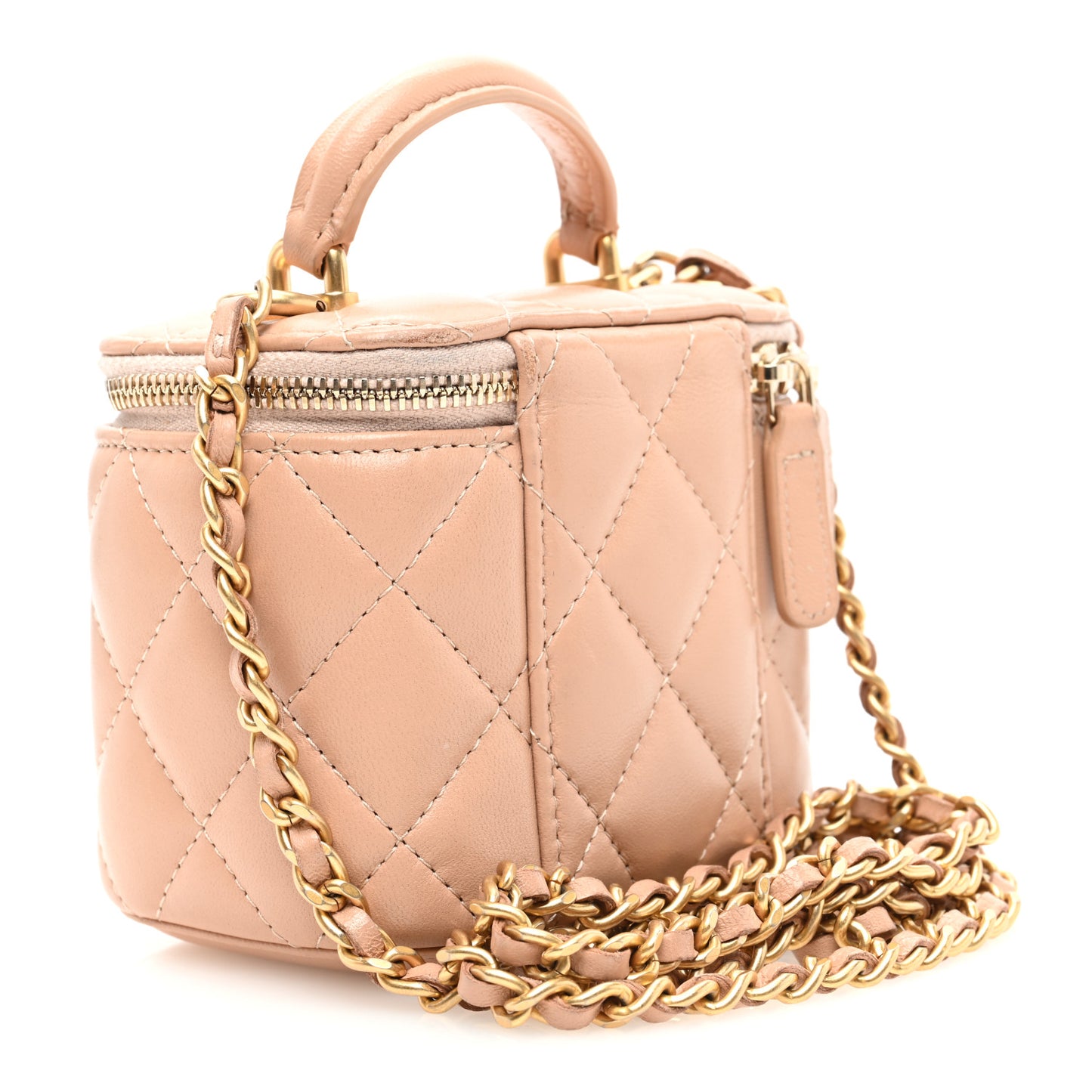 Lambskin Quilted Top Handle Mini Vanity Case With Chain Beige