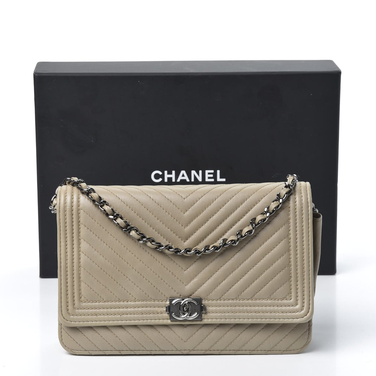 Lambskin Chevron Quilted Boy Wallet On Chain WOC Grey
