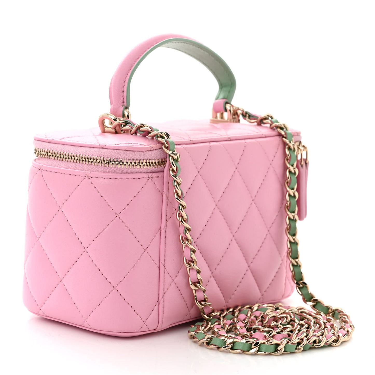 Lambskin Quilted Small Top Handle Vanity Case With Chain Lilac Light Green