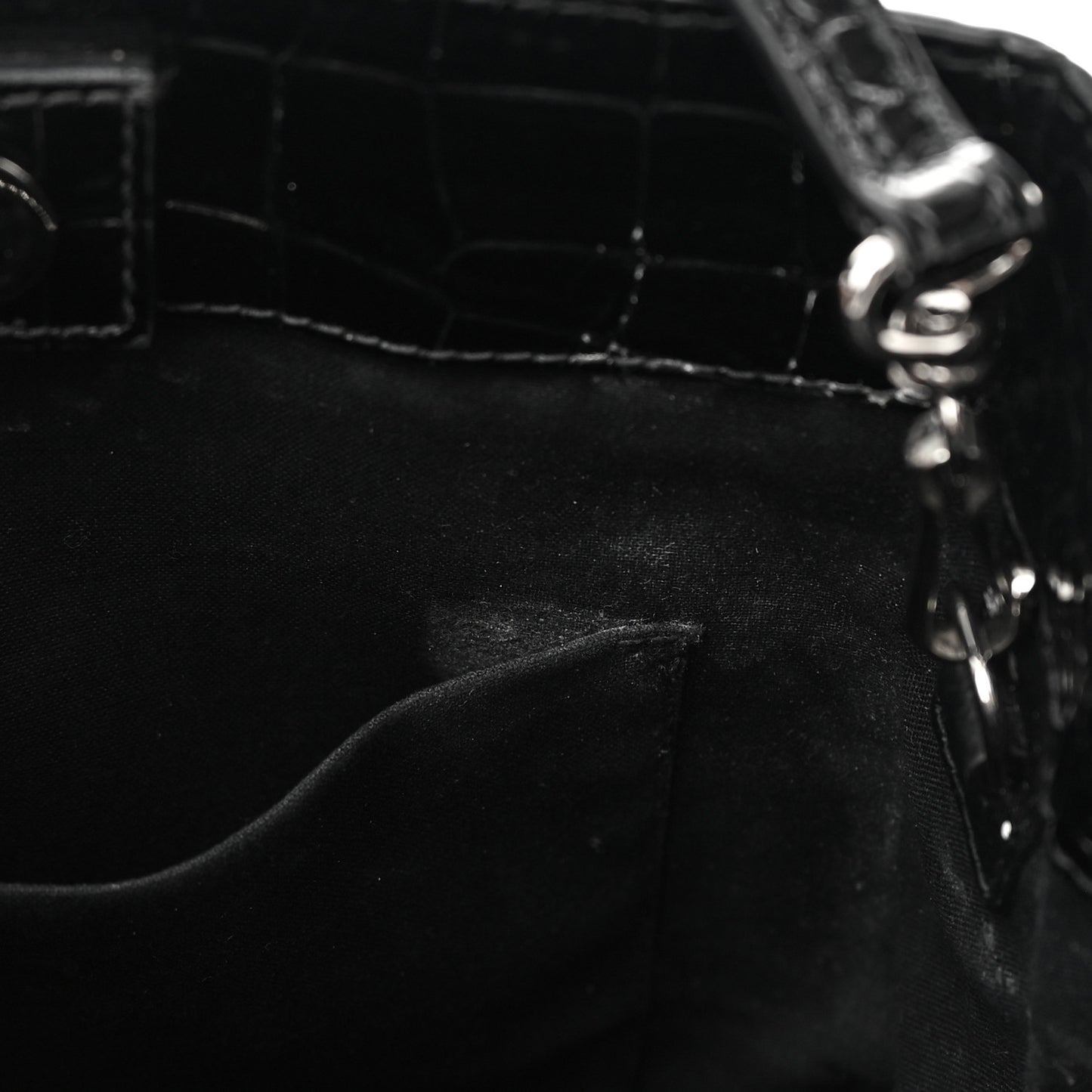 Shiny Calfskin Logo Crocodile Embossed North South Shopper Tote XXS Black White