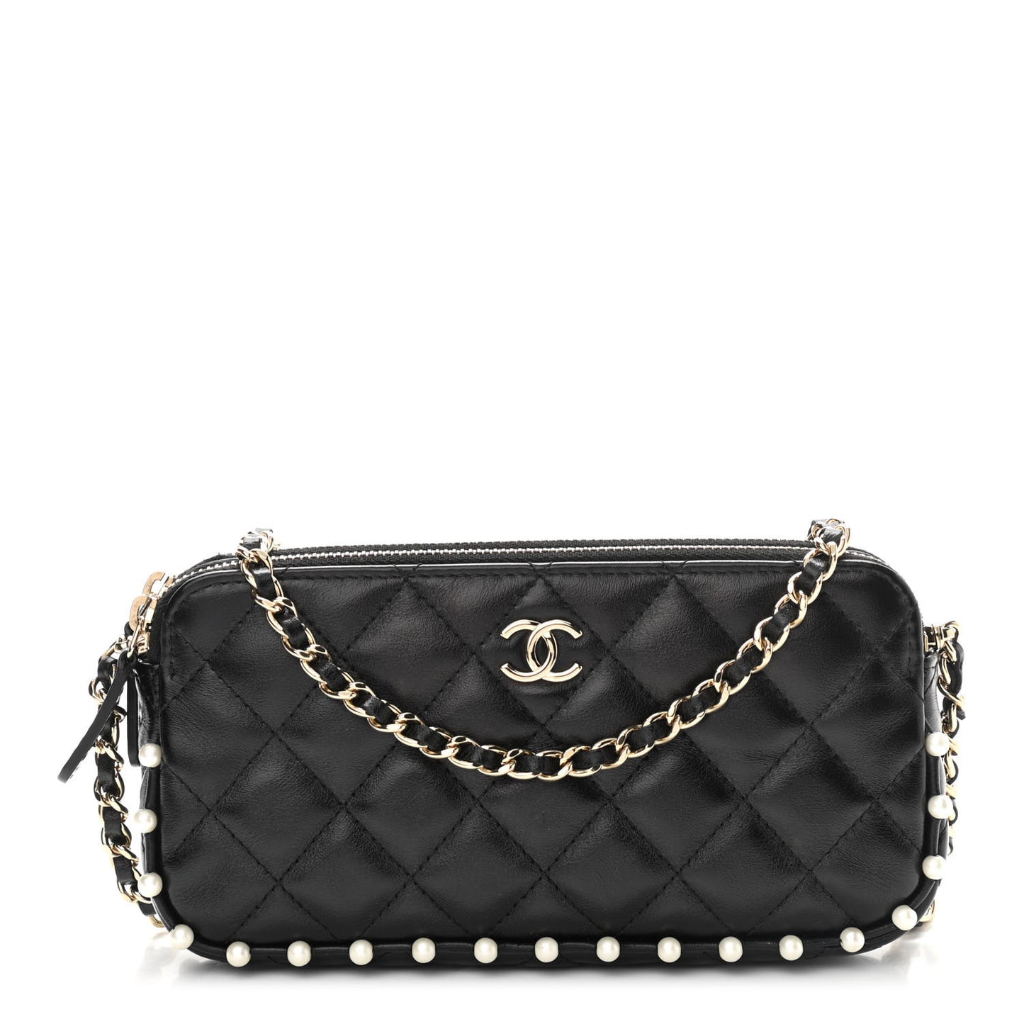 Calfskin Quilted Pearl Small Clutch With Chain Black