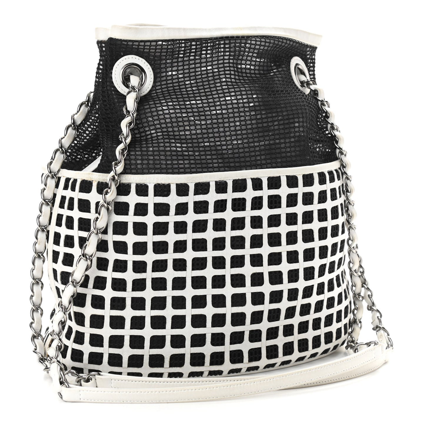 Calfskin Mesh Chain Bucket Bag Black White