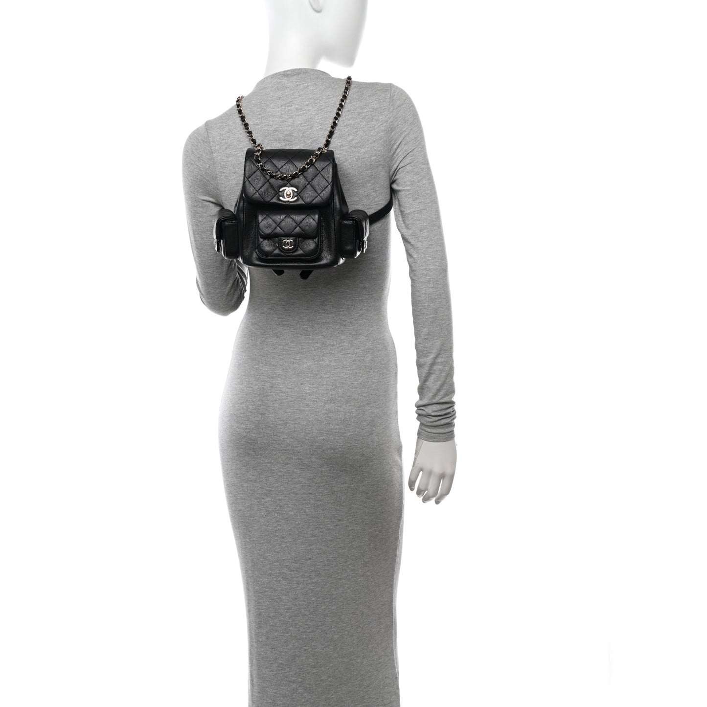 Shiny Caviar Quilted Small Pockets Drawstring Backpack Black