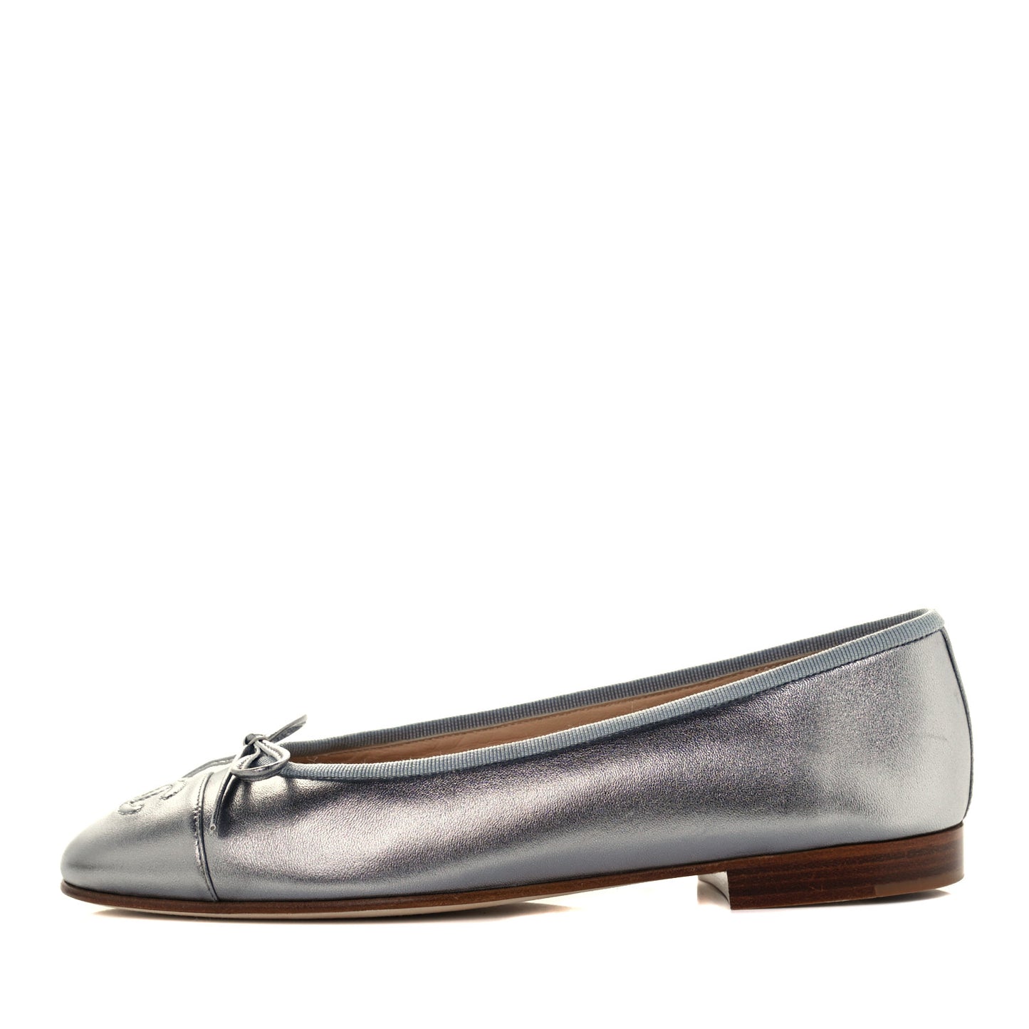 Metallic Lambskin CC Cap Toe Ballerina Flats 37 Silver