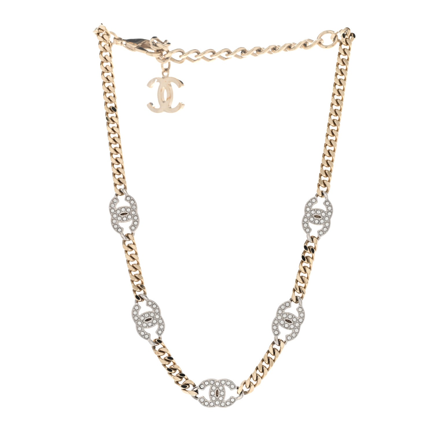 Chanel Crystal Chain CC Necklace Gold Silver 3 of 6