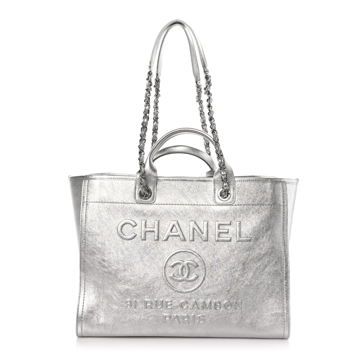 Metallic Calfskin Medium Deauville Tote Silver