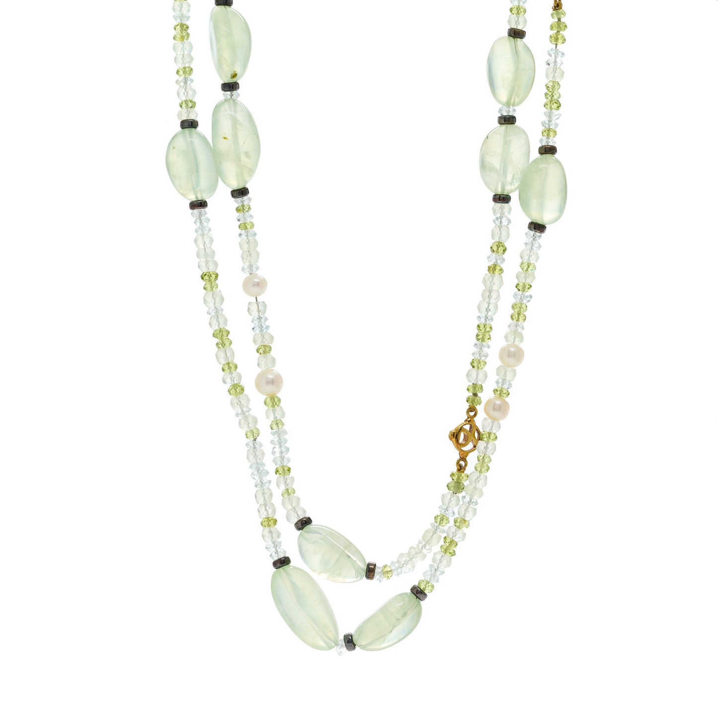 18K Yellow Gold Prehnite Pearl Aquamrine Peridot Tweejoux Necklace 50"