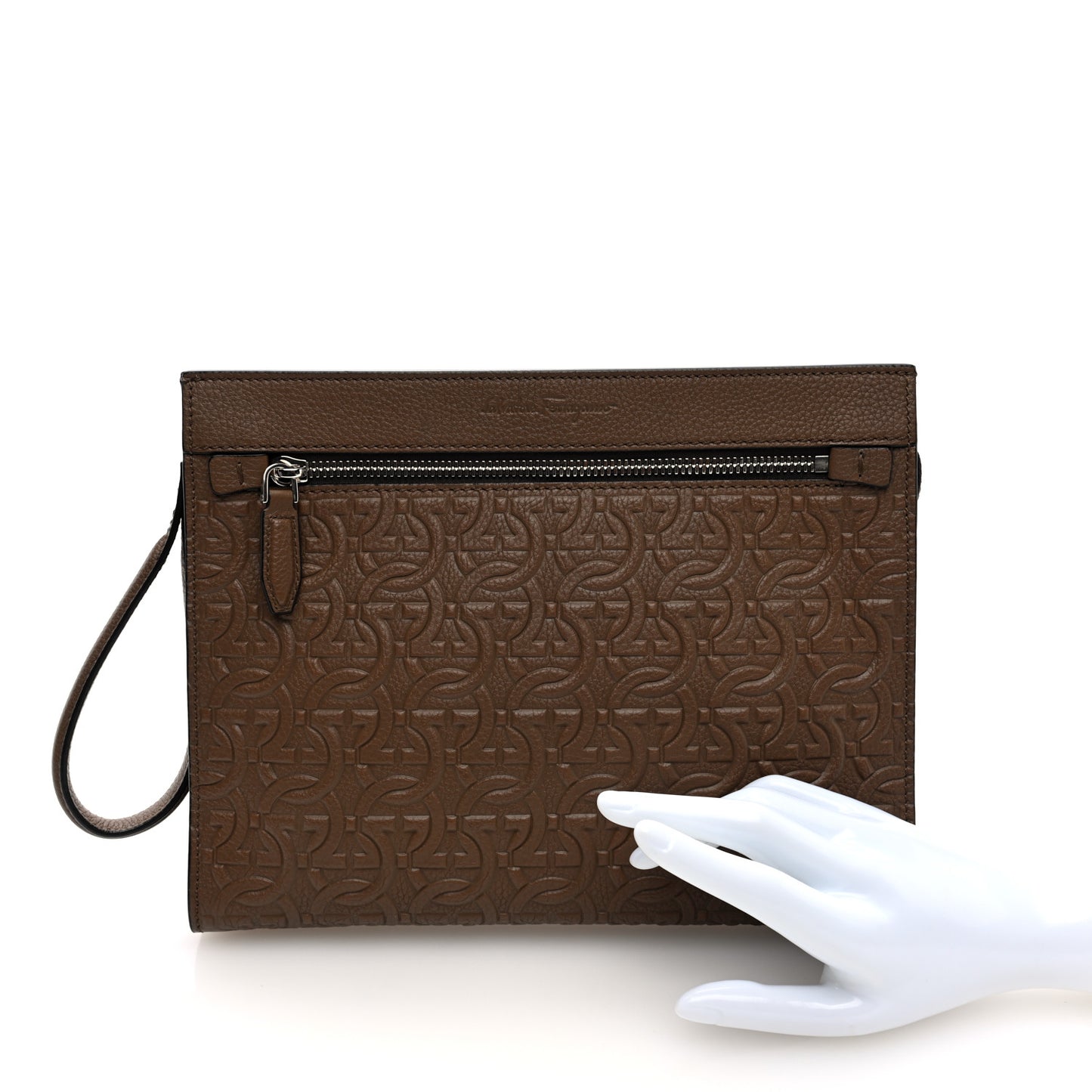 Calfskin Gancini Embossed Zip Pouch Taupe