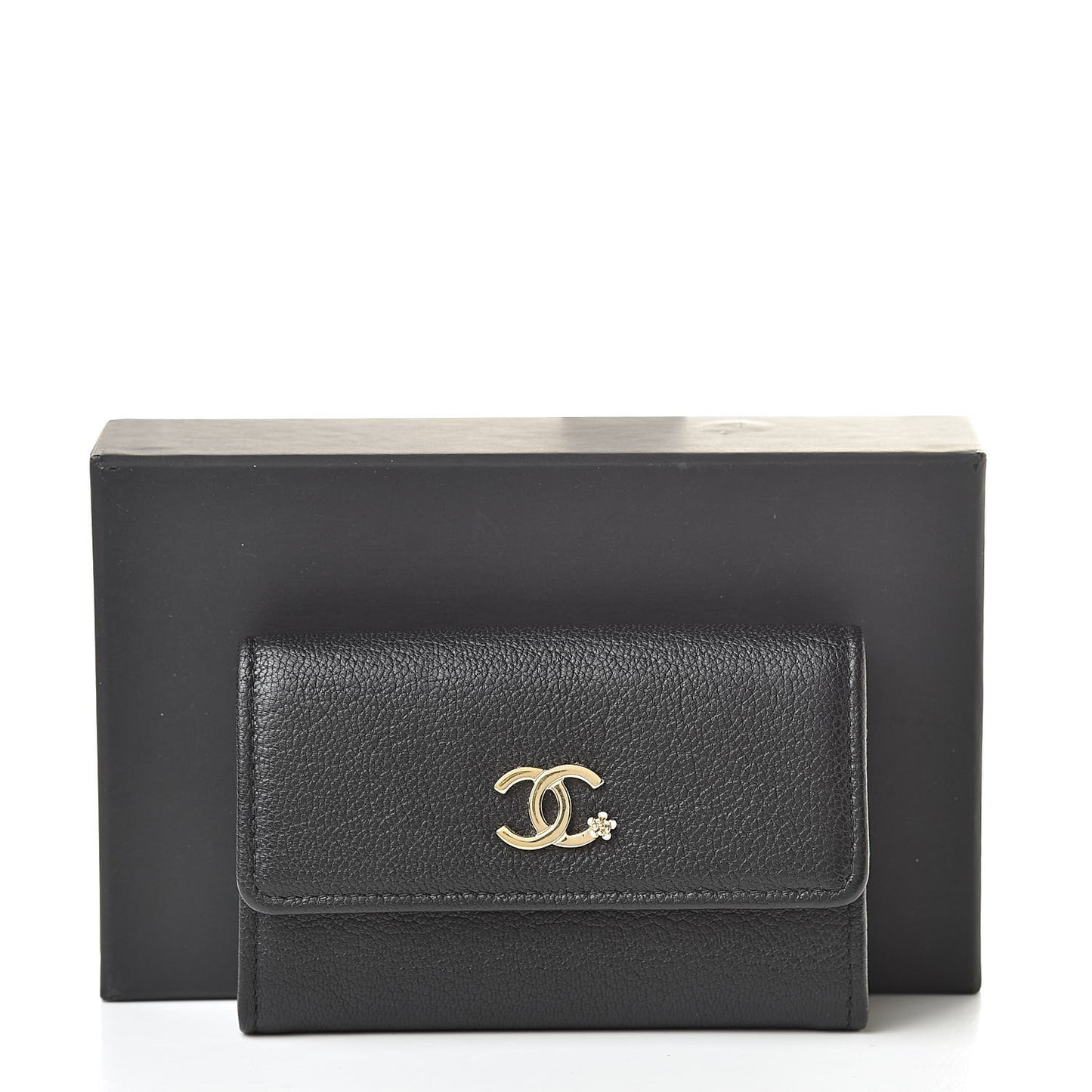 Goatskin Camellia CC Flap Card Holder Black