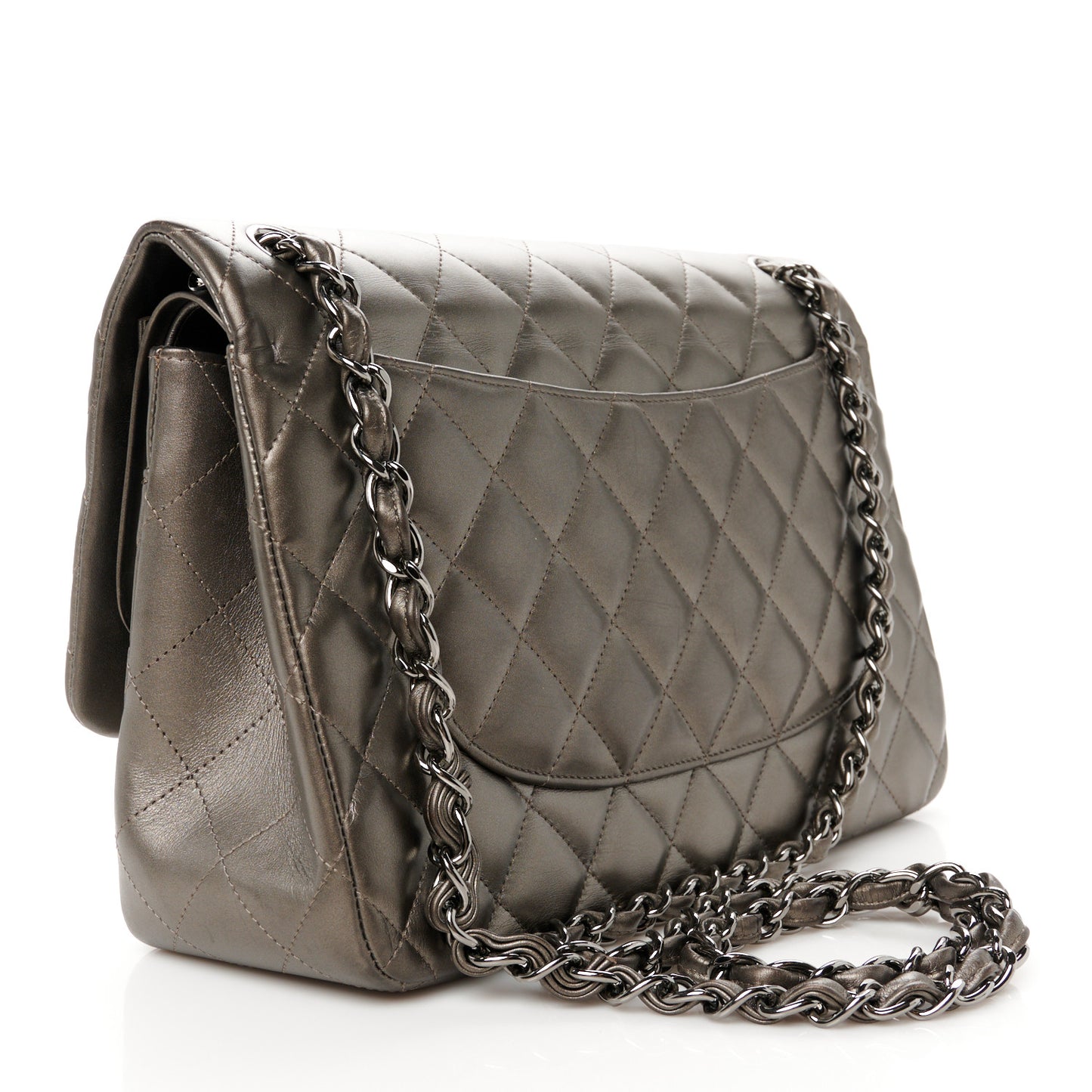 Metallic Lambskin Quilted Jumbo Double Flap Pewter
