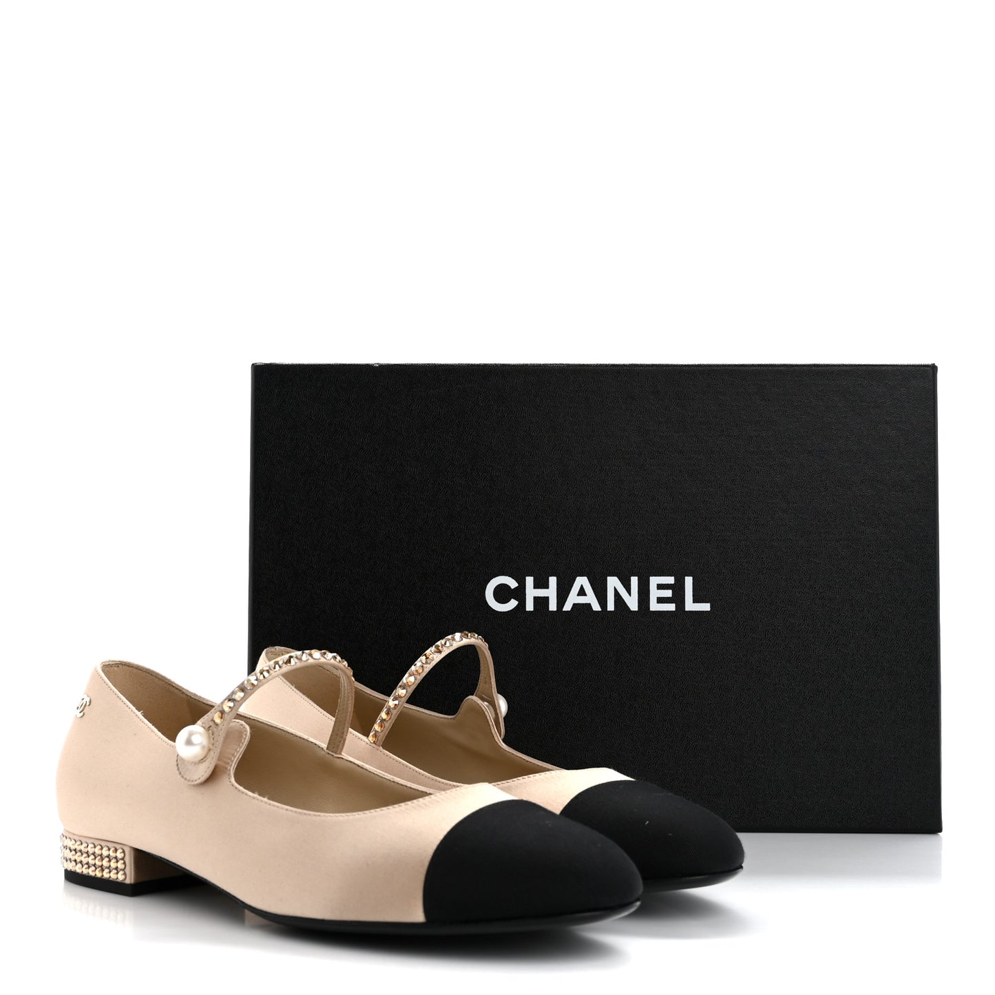 Strass Satin Grosgrain Mary Jane Flats 38.5 Beige Black