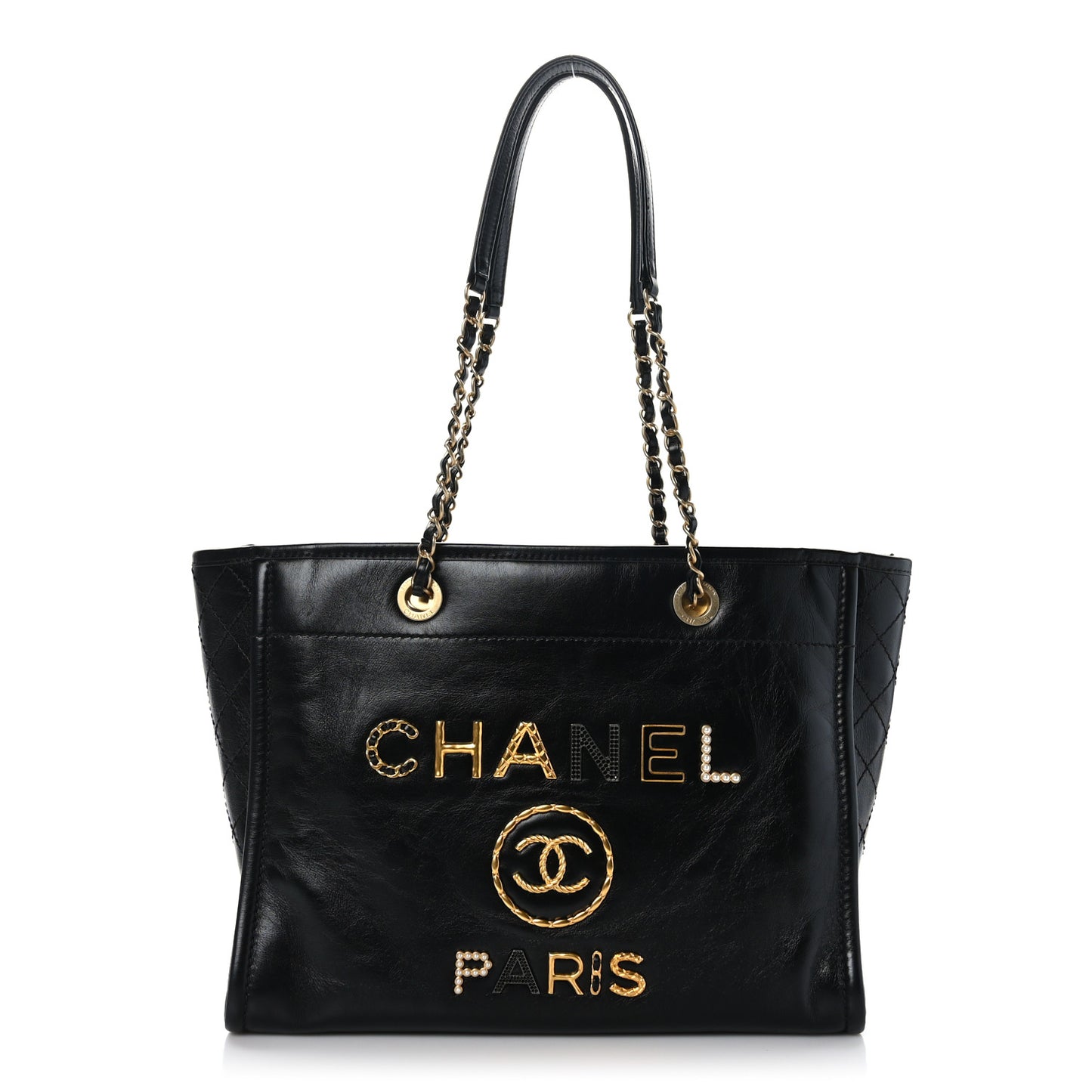 Aged Calfskin Small Charms Deauville Tote Black