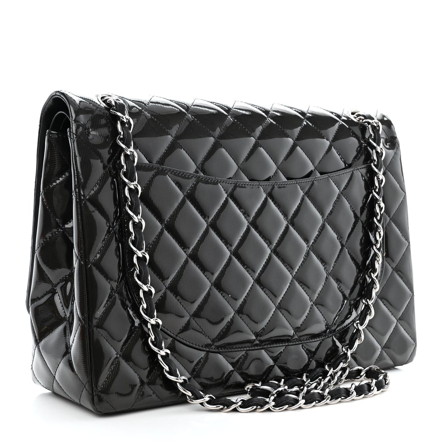 Striated Patent Quilted Maxi Double Flap Black