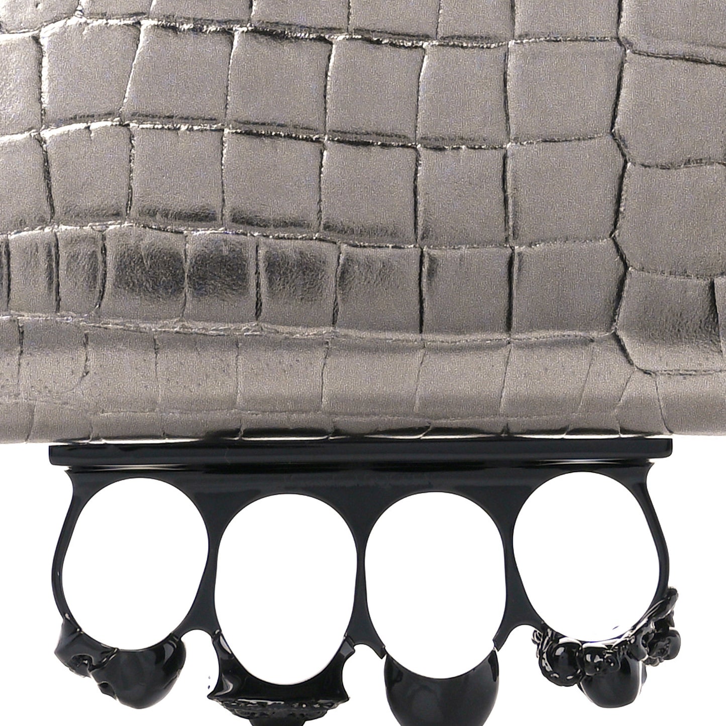 Metallic Calfskin Crocodile Embossed Knuckle Flat Zip Clutch Silver