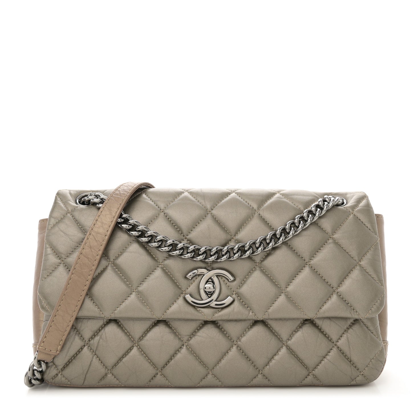 Aged Calfskin Quilted Small Lady Pearly Flap Silver Gold