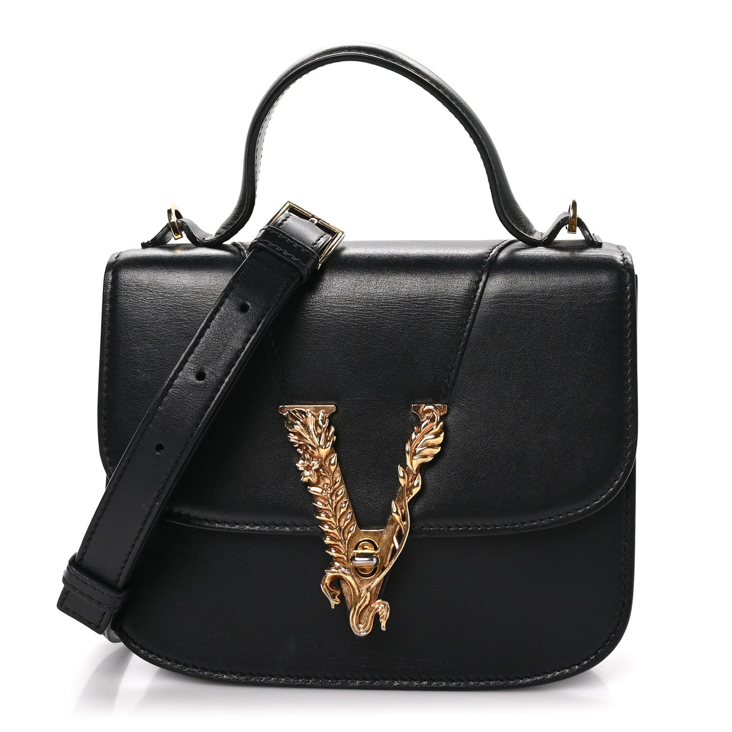 Vitello Barocco Virtus Small Top Handle Shoulder Bag Black