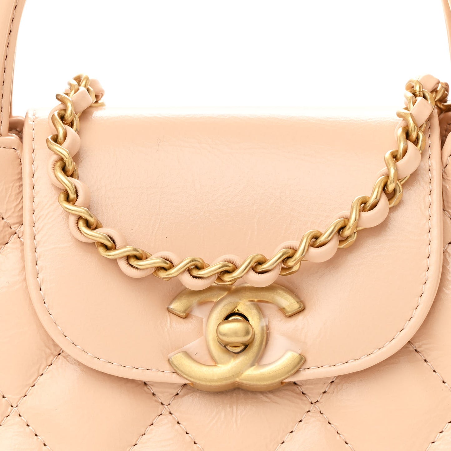 Shiny Aged Calfskin Quilted Nano Kelly Shopper Beige