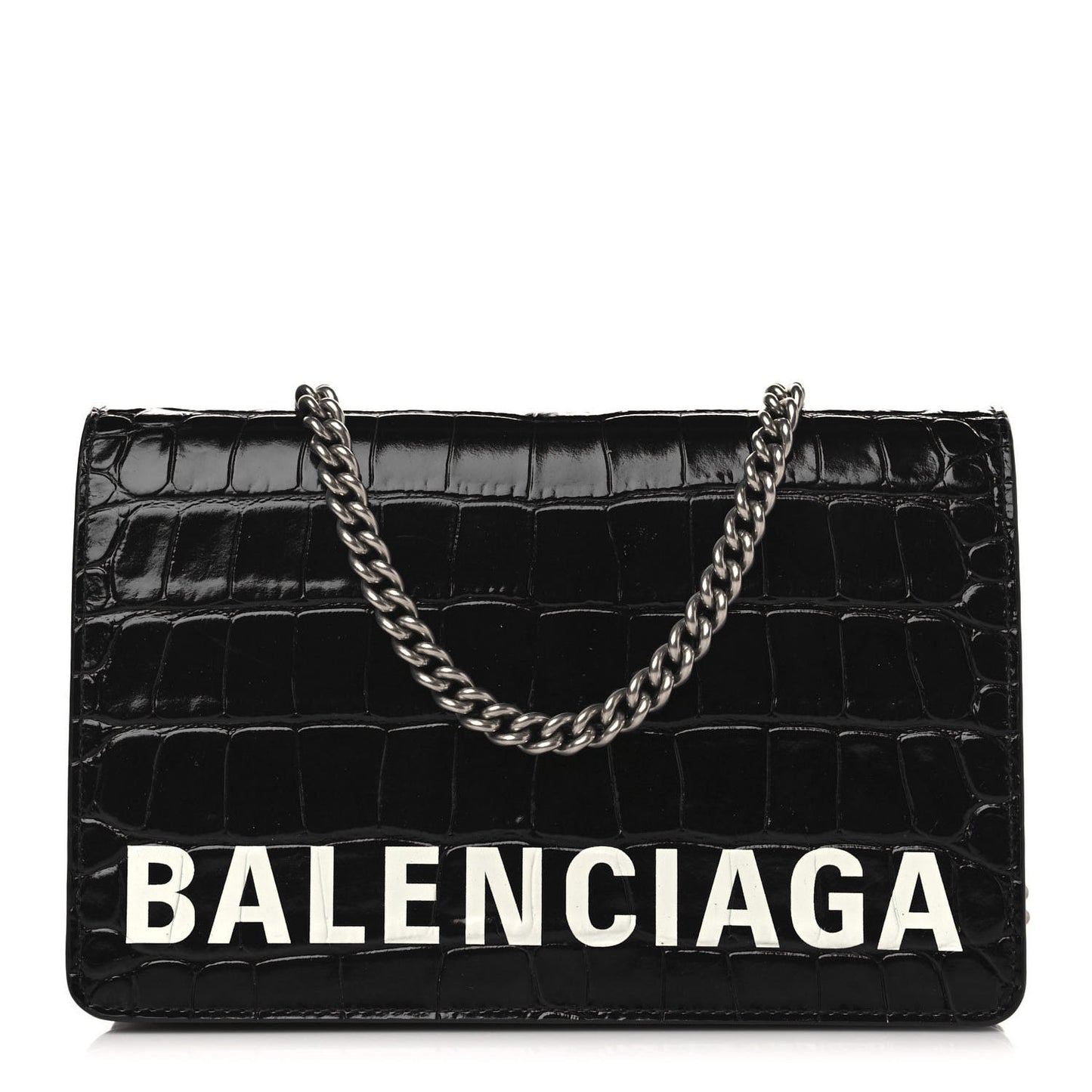 Shiny Calfskin Logo Crocodile Embossed Ville Wallet on Chain Black