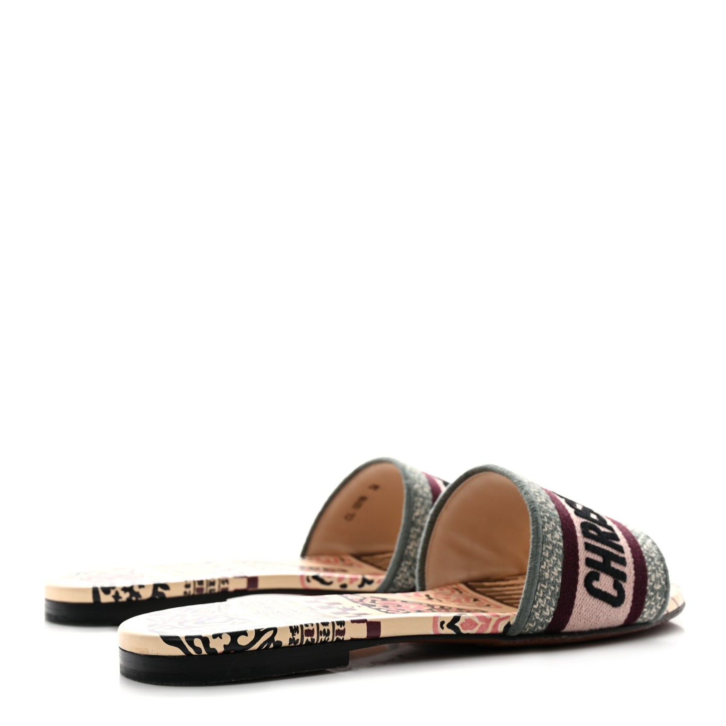 Canvas Embroidered Geometric Dway Mules Slide Sandals 36 Beige Multicolor
