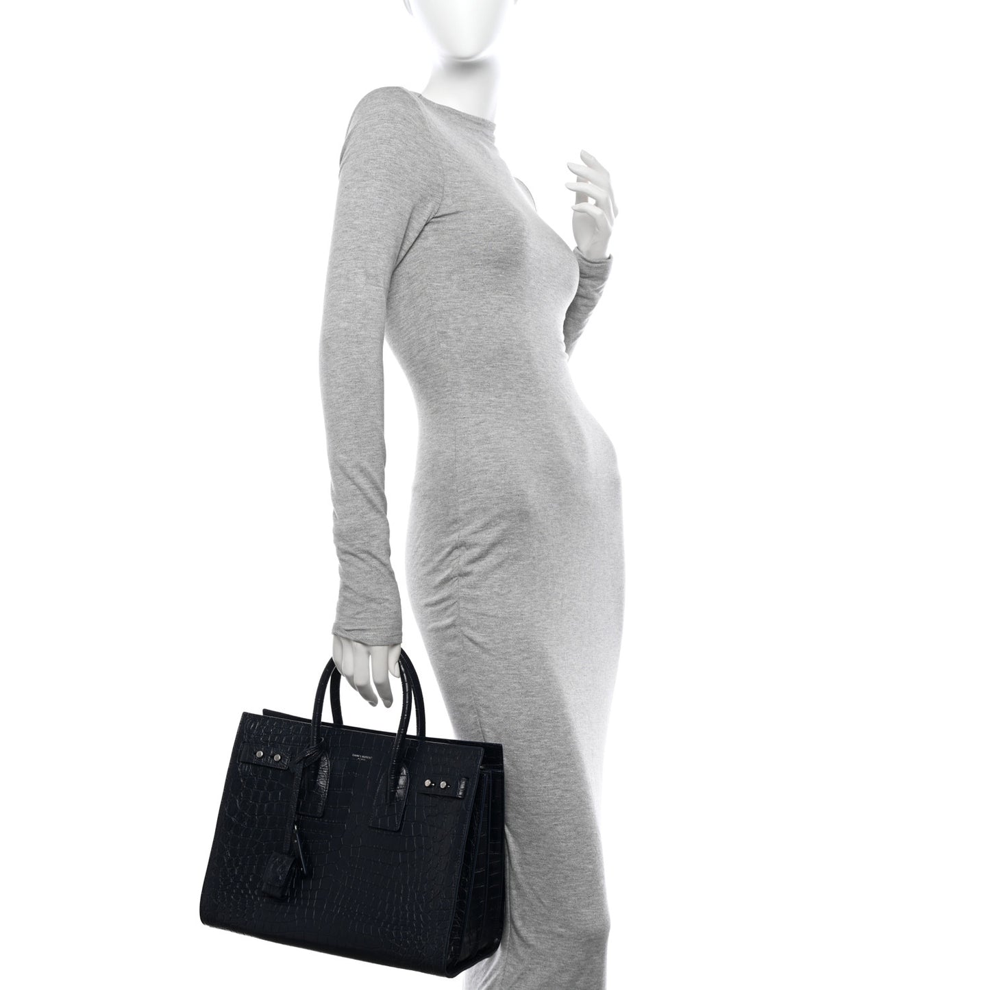 Calfskin Crocodile Embossed Small Supple Sac de Jour Navy