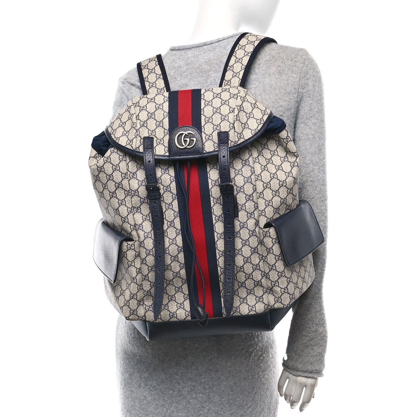 GG Supreme Monogram Medium Ophidia Double Buckle Backpack Beige Blue Black