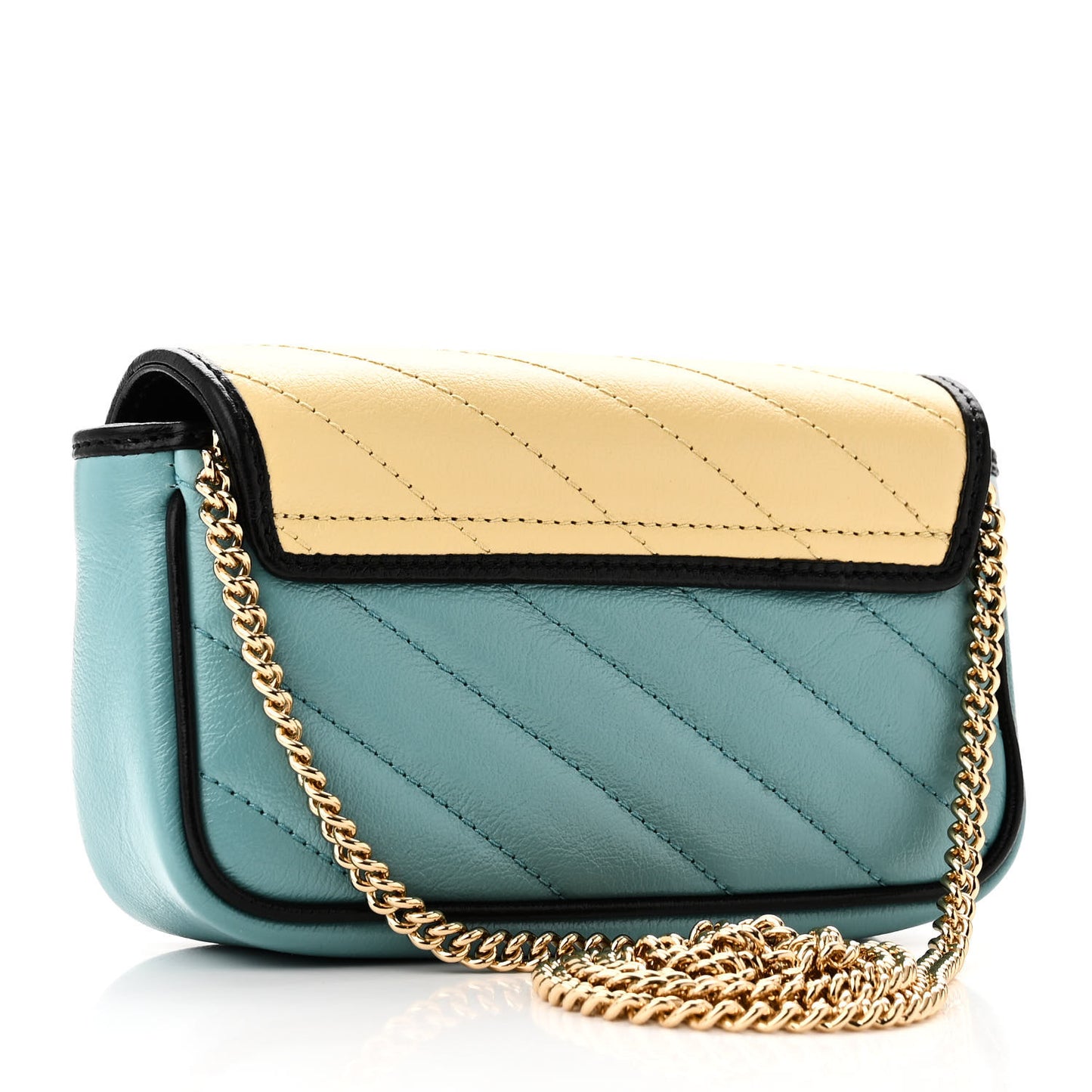 Azalea Calfskin Enamel Matelasse Diagonal Super Mini Torchon GG Marmont Shoulder Bag Butter Dusty Azure Black Electric Blue