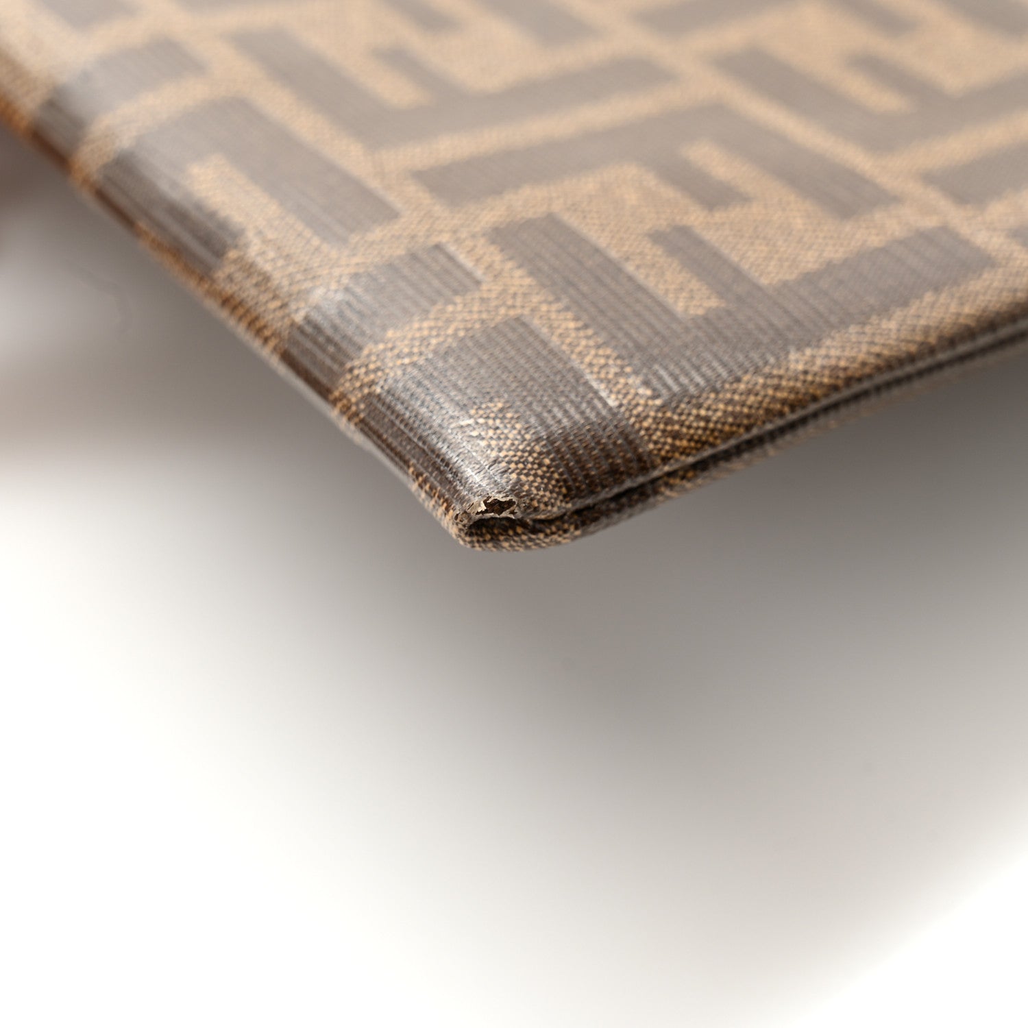 Fendi Glazed Fabric Vitello Century FF 1974 Stamp Patch Large Flat Pouch Mogano Panna Caramello 10 of 11