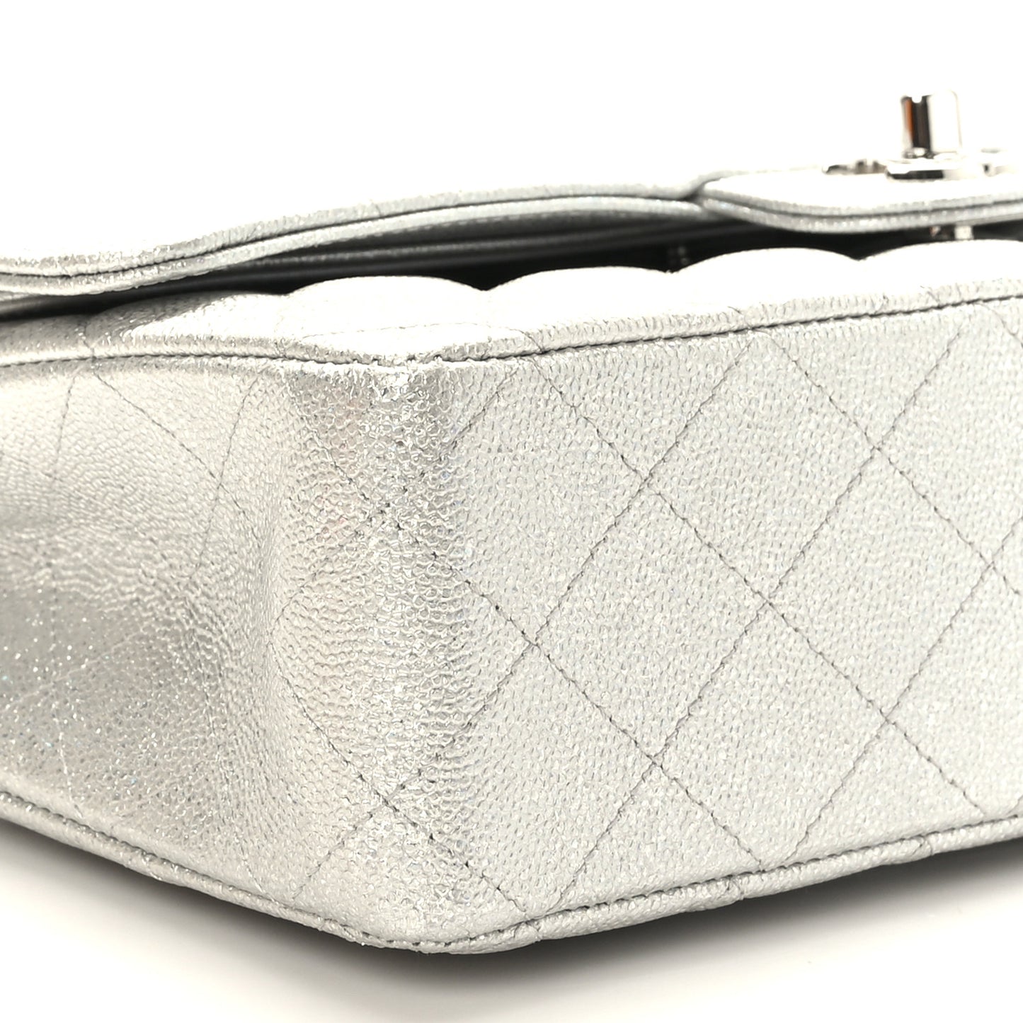 Glittered Metallic Caviar Quilted Medium Double Flap Silver