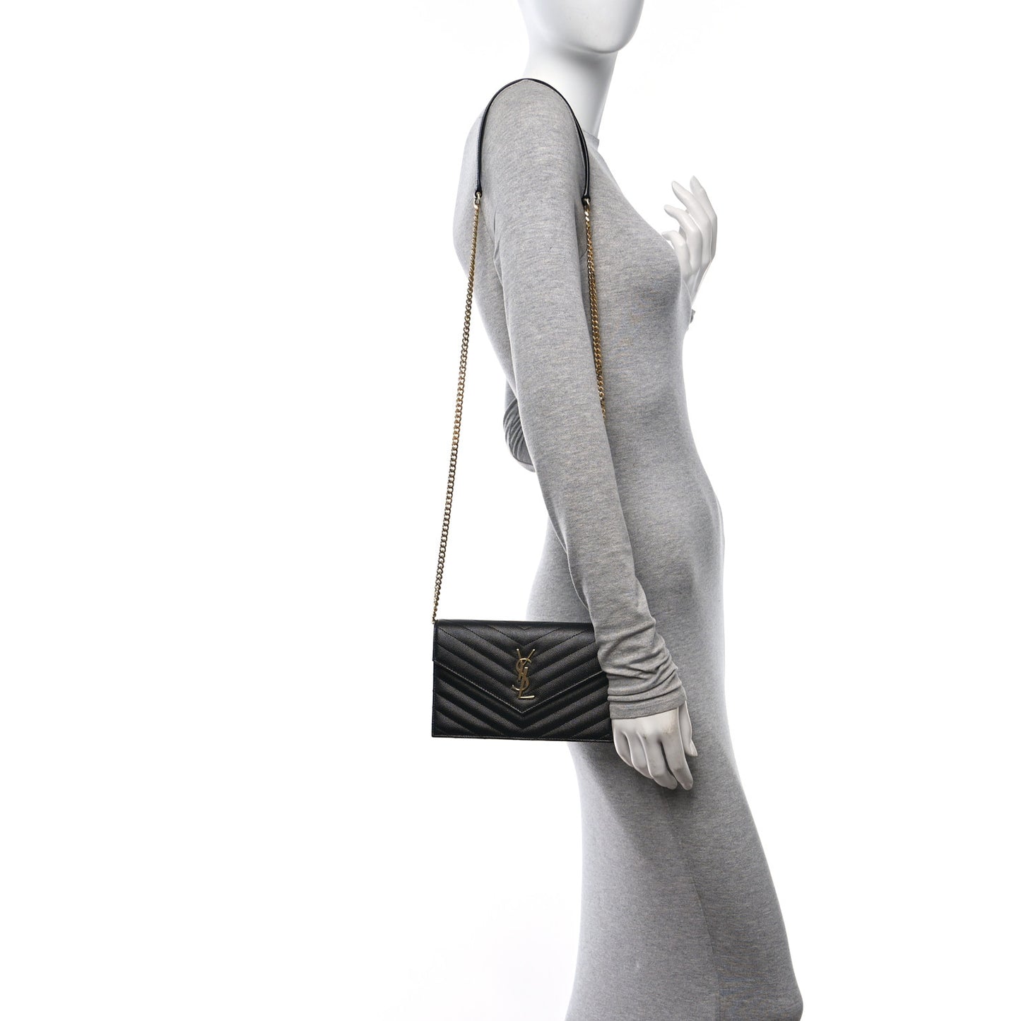 Grain De Poudre Matelasse Chevron Monogram Envelope Chain Wallet Black