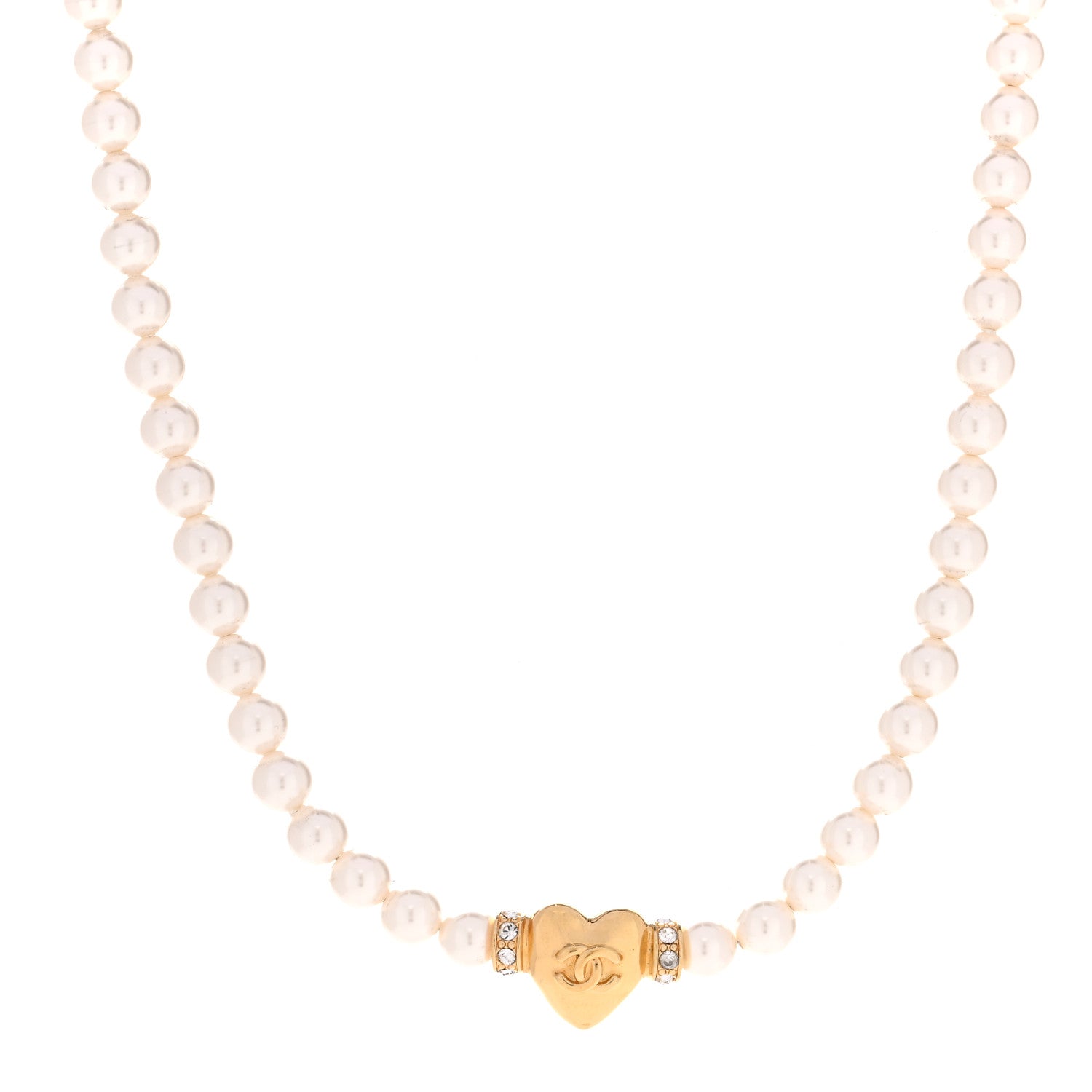 Chanel Crystal Pearl CC Heart Choker Necklace Gold 1873716