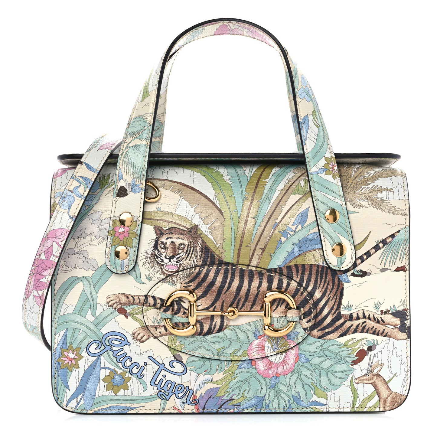 New Shangai Calfskin Tiger Savanah Mini Horsebit 1955 Foldover Top Handle Bag Chalky White Multicolor