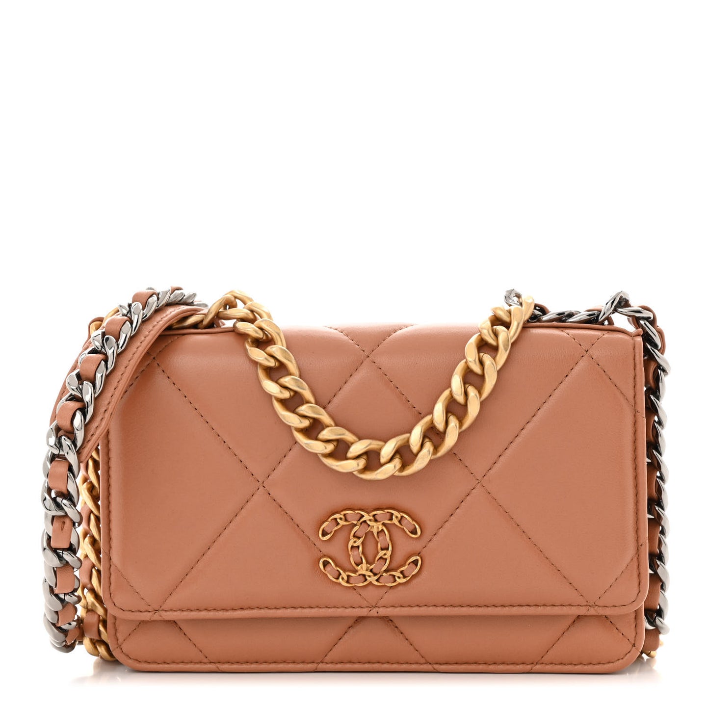 Lambskin Quilted Chanel 19 Wallet On Chain WOC Brown