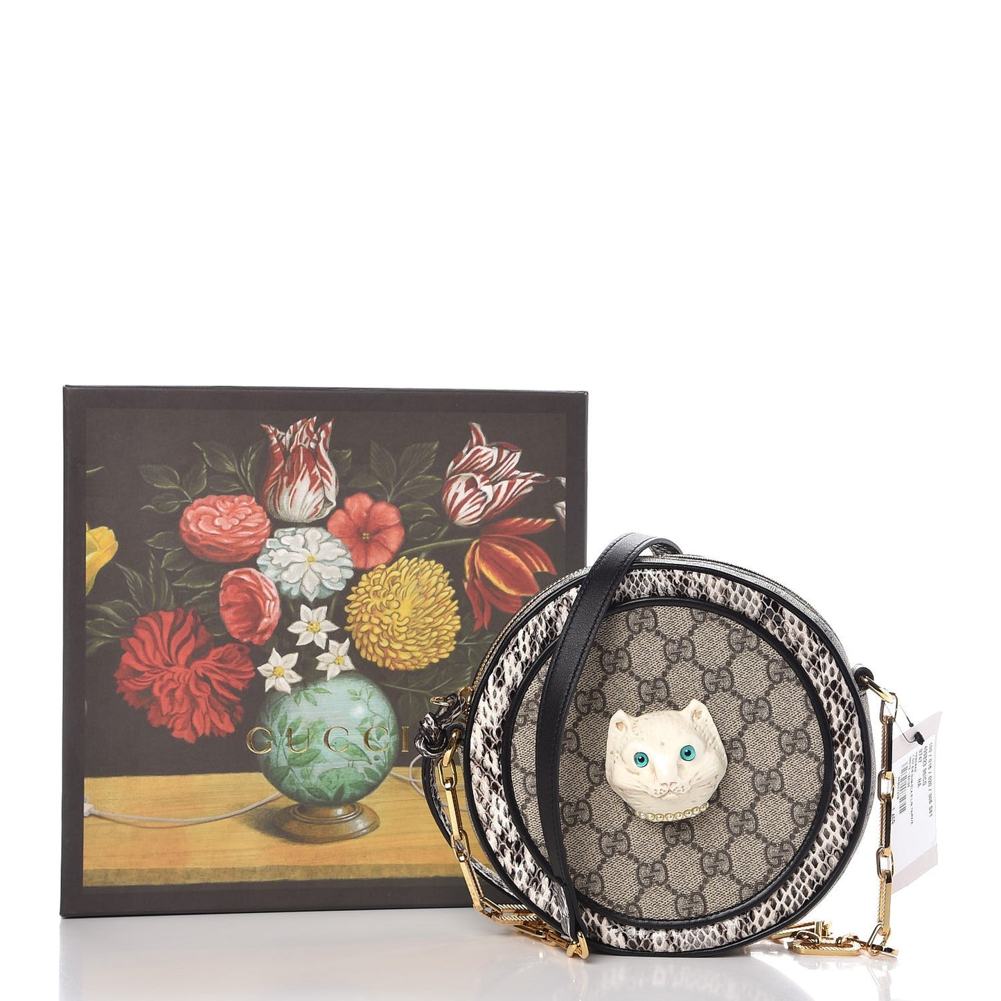GG Supreme Monogram Patchwork Cat Round Shoulder Bag White Beige