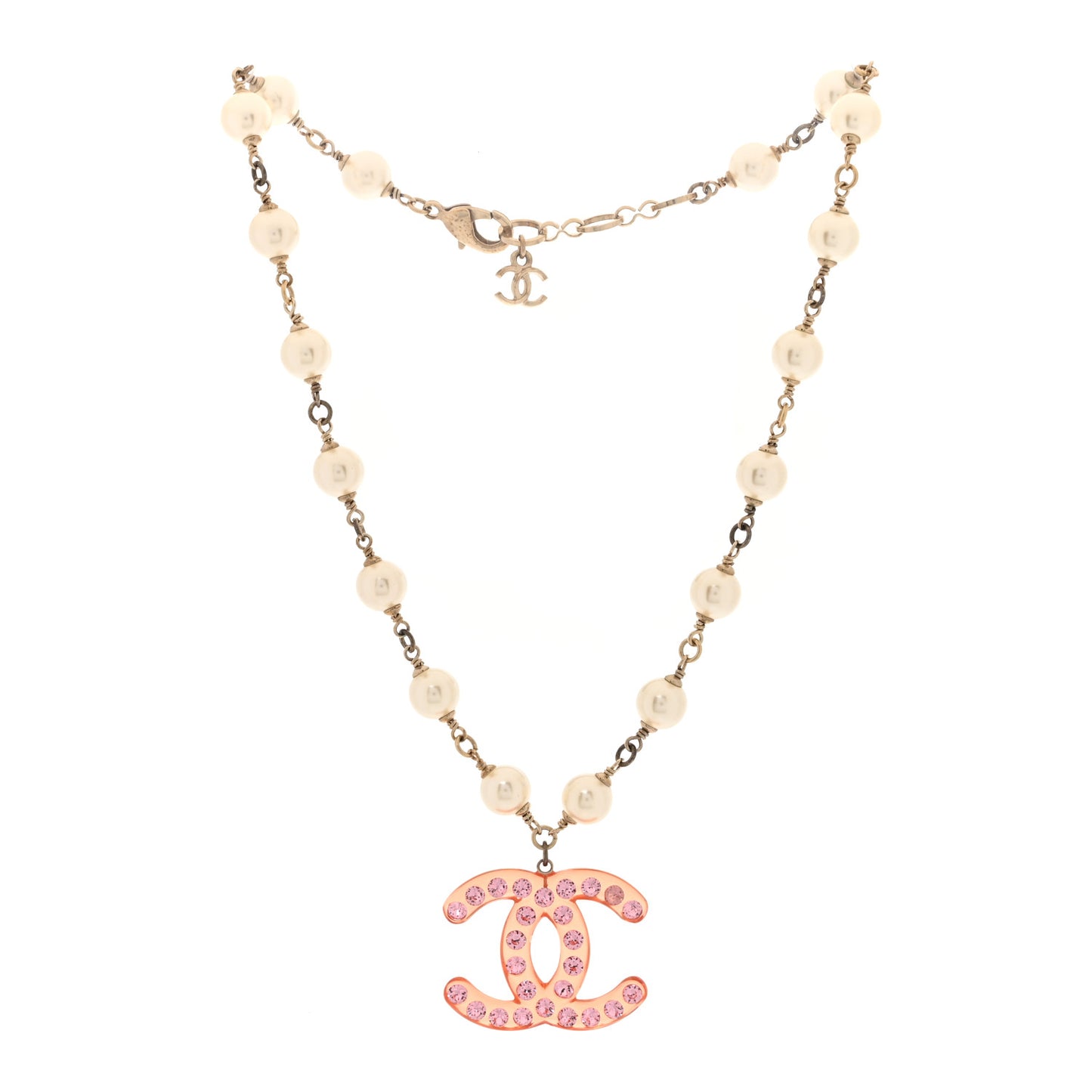 Pearl Crystal Resin CC Necklace Pink Gold White