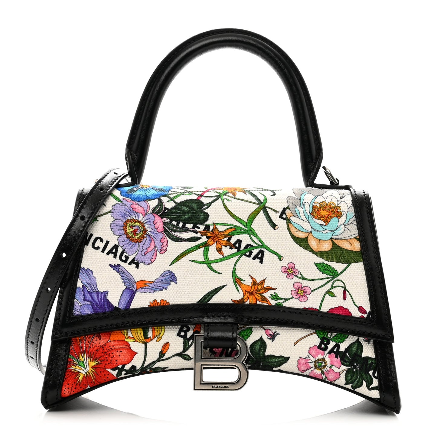 X GUCCI Canvas Boarded Plutone Calfskin Flora Logo Print Small Hourglass Top Handle Bag White Multicolor Black