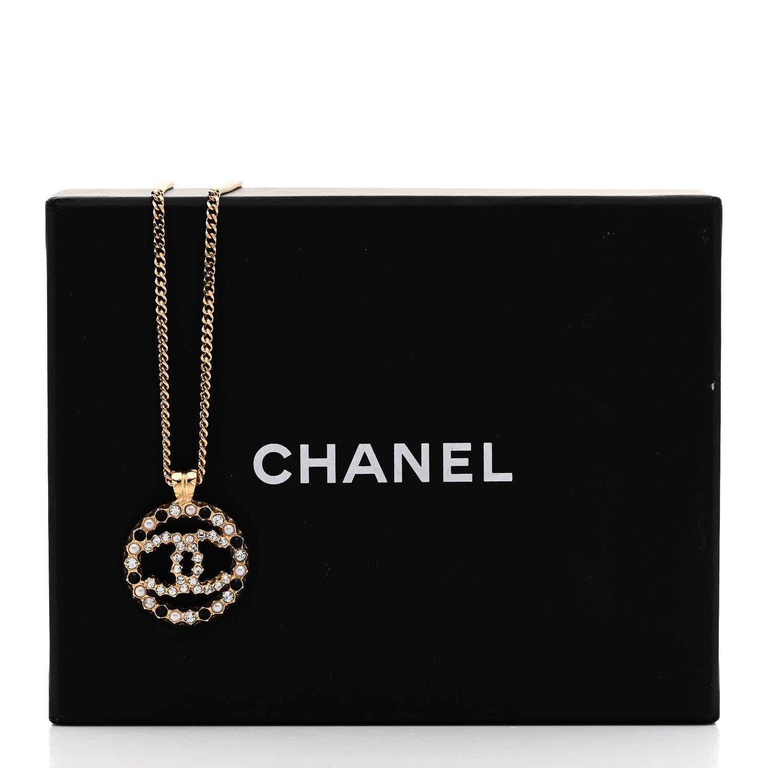 Chanel Pearl Crystal CC Round Pendant Necklace Gold Black 6 of 6