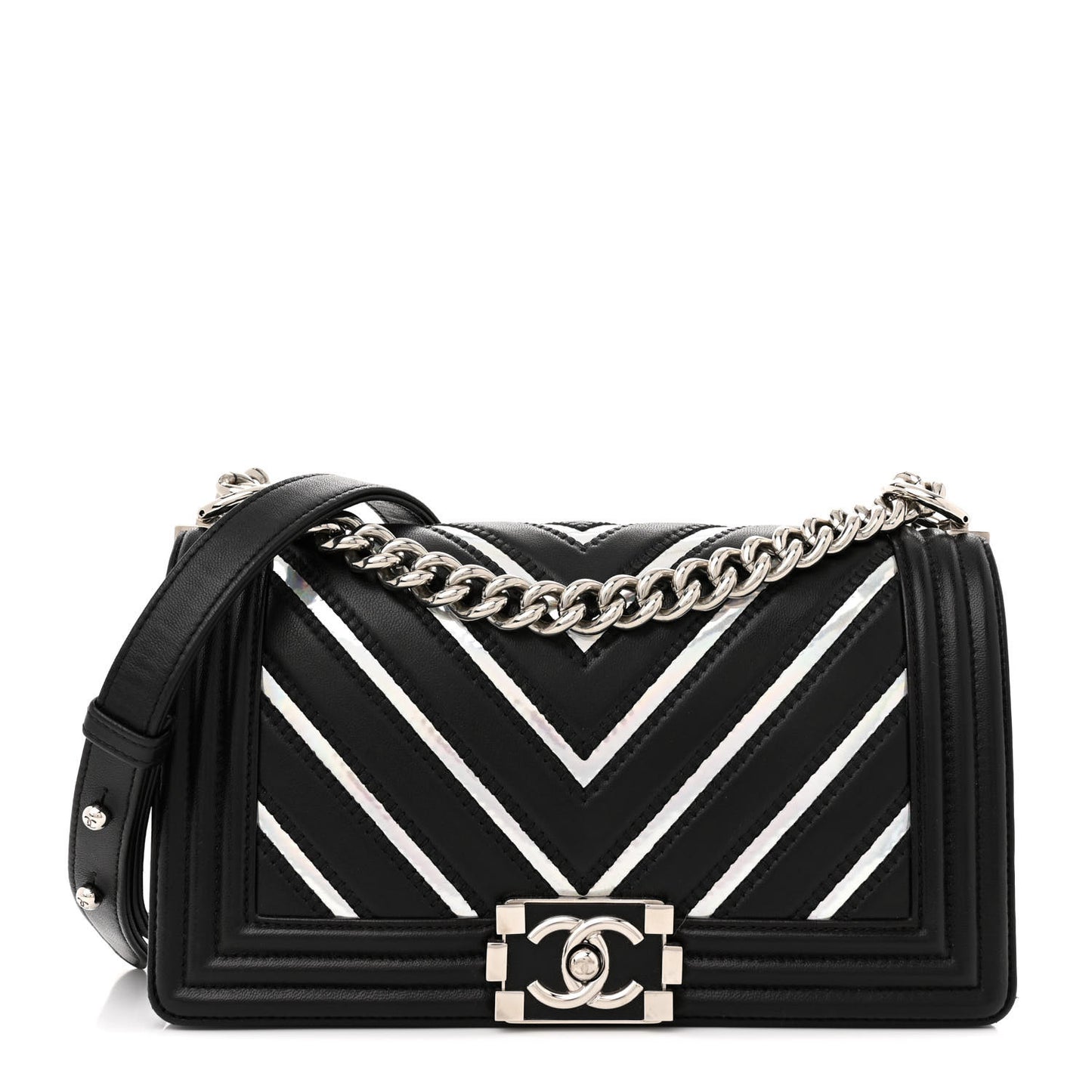 Lambskin Iridescent PVC Chevron Quilted Medium Boy Flap Black Silver