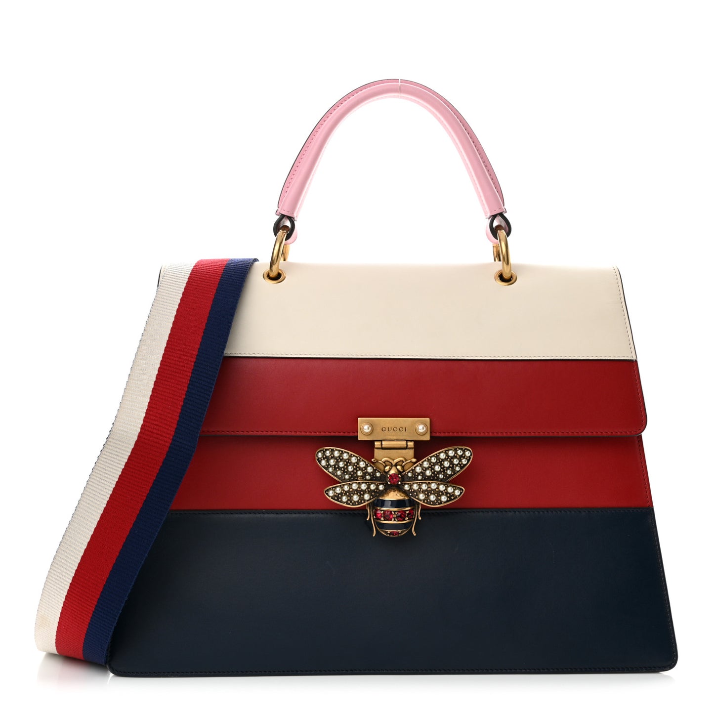 Calfskin Sylvie Web Large Queen Margaret Top Handle Bag Blue Agata Hibiscus Red Mystic White Sugar Pink