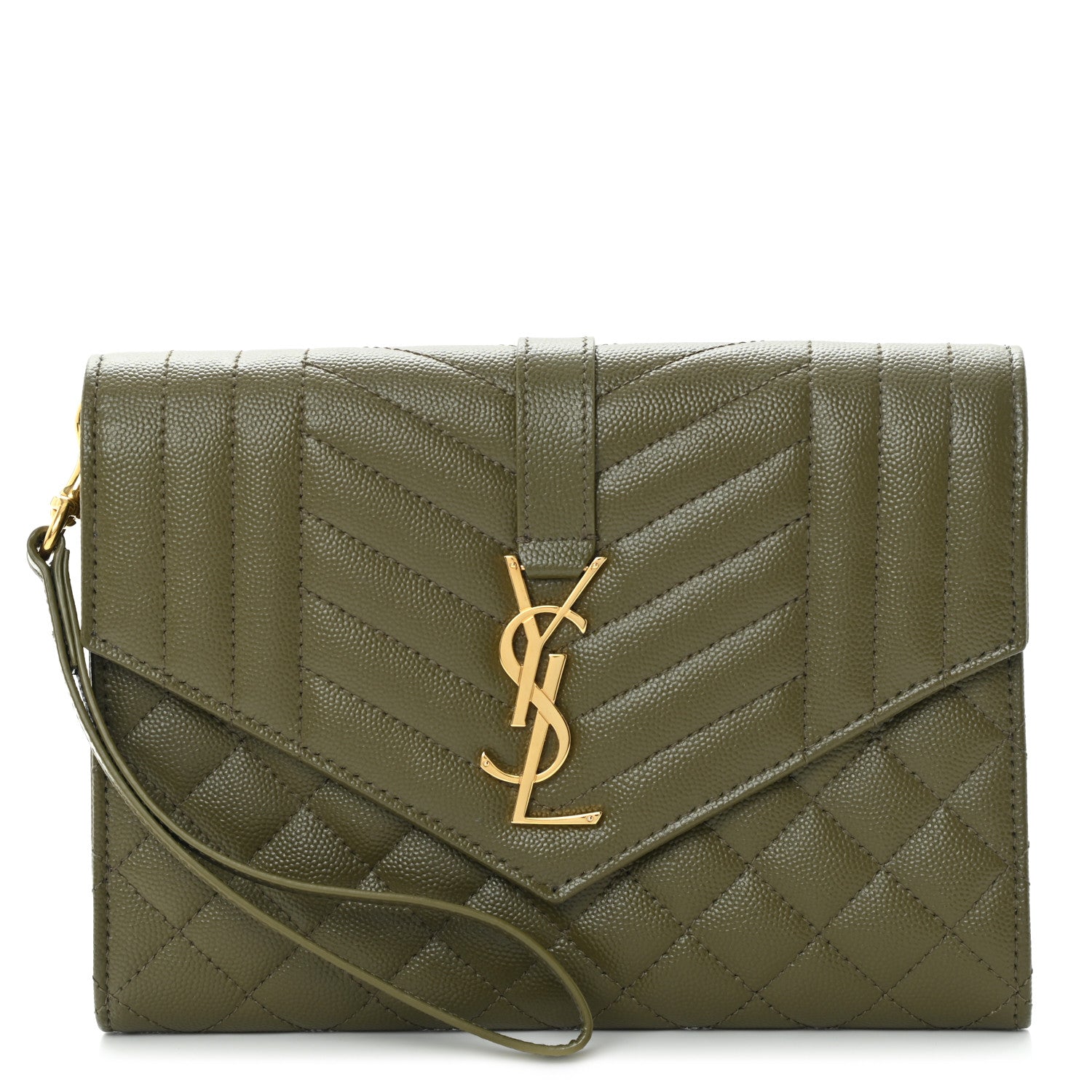 Saint Laurent Grain De Poudre Textured Mixed Matelasse Triquilt Monogram Clutch Vert Kaki 1 of 10