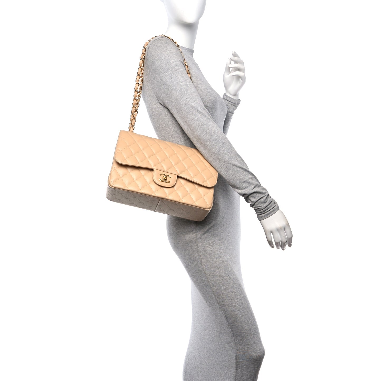 Caviar Quilted Jumbo Double Flap Beige