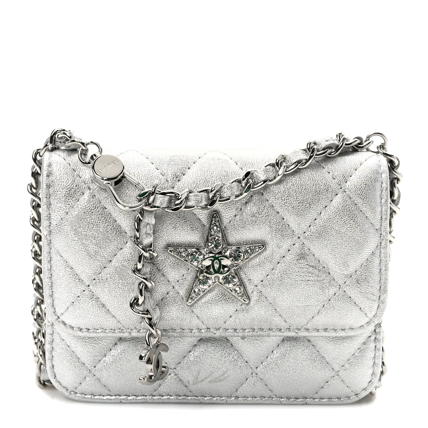 Metallic Goatskin Quilted Star Flap Waist Belt Bag Silver