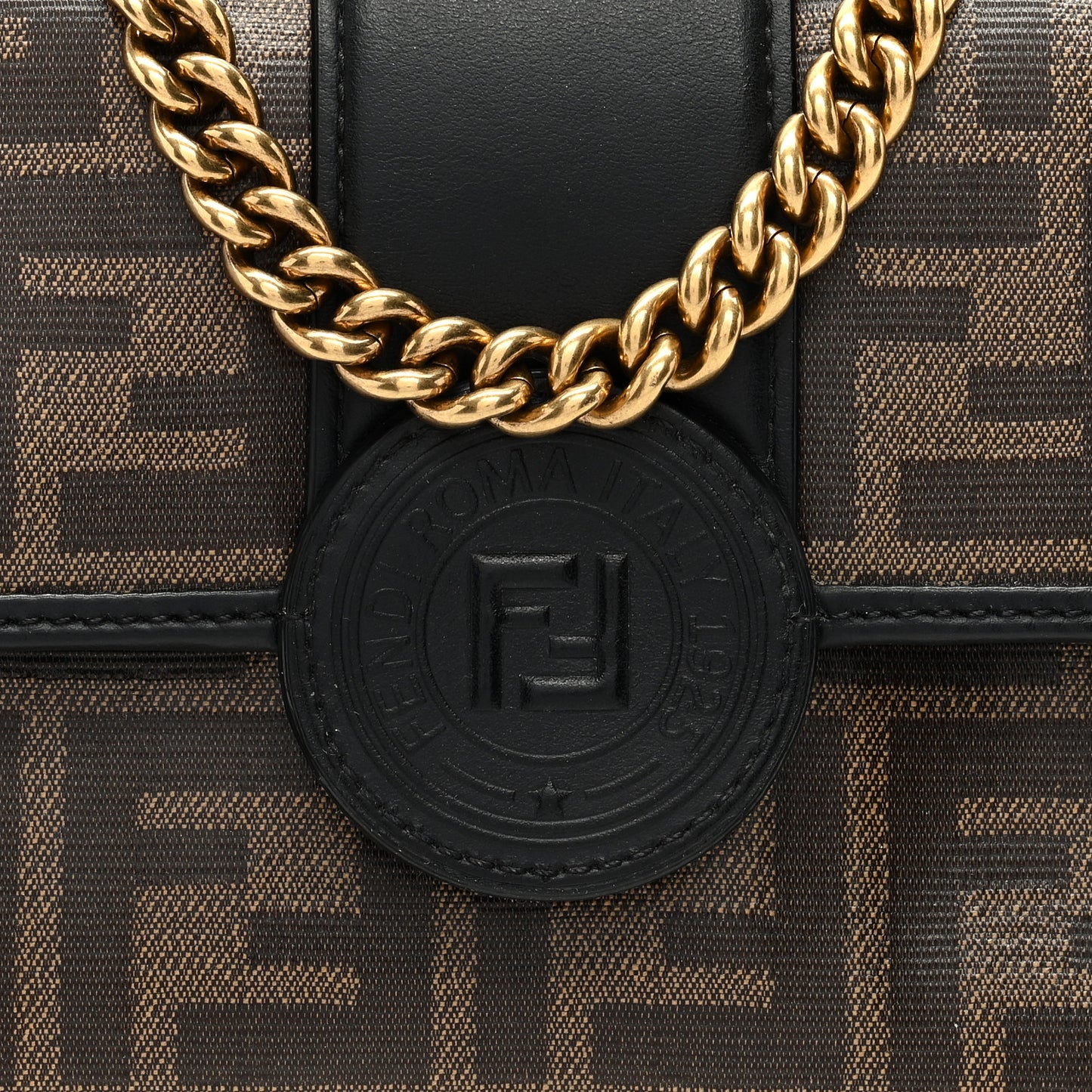 Glazed Fabric Vitello Century FF 1974 Stamp Patch Mini Double F Crossbody Bag Mogano Panna Black