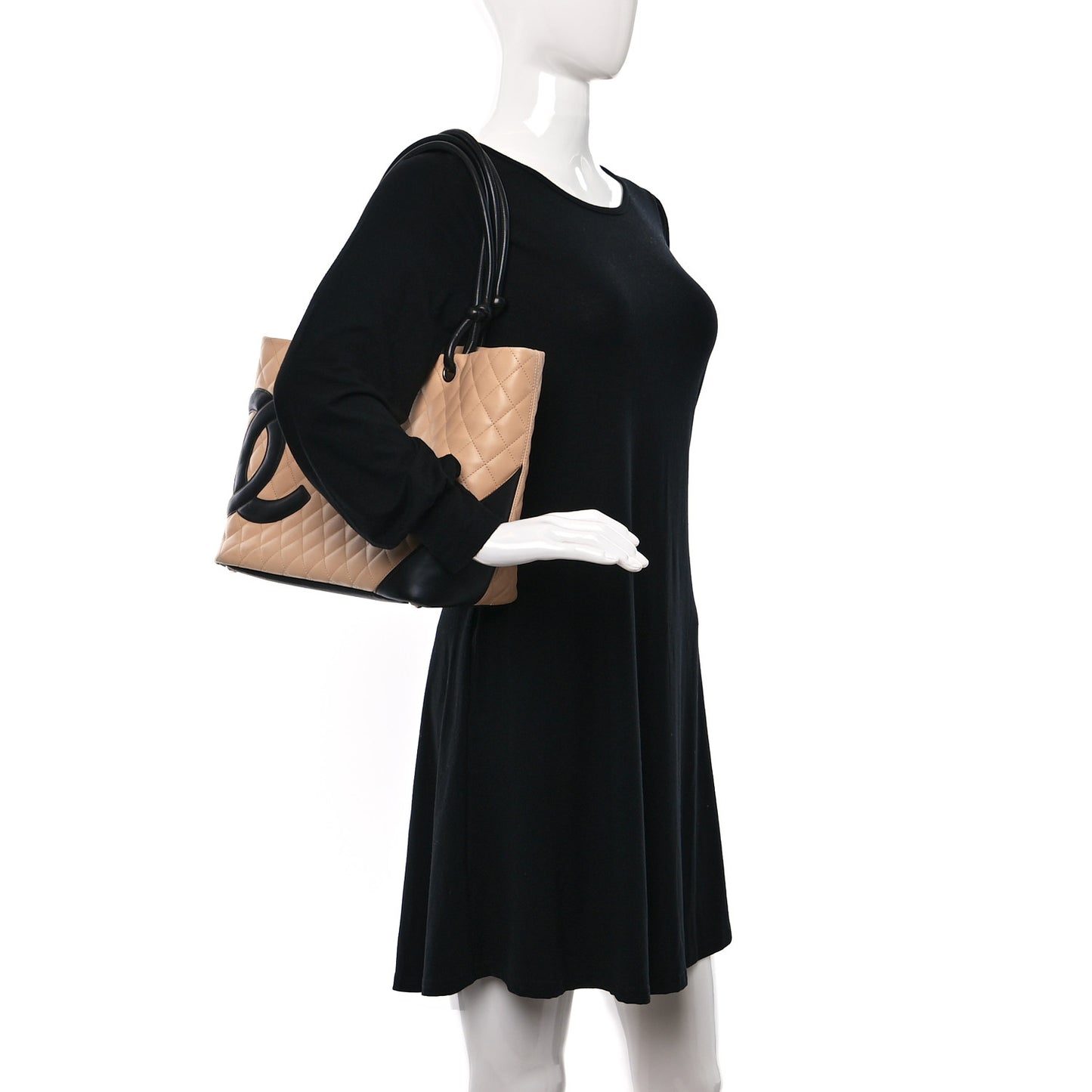Calfskin Quilted Large Cambon Tote Beige Black
