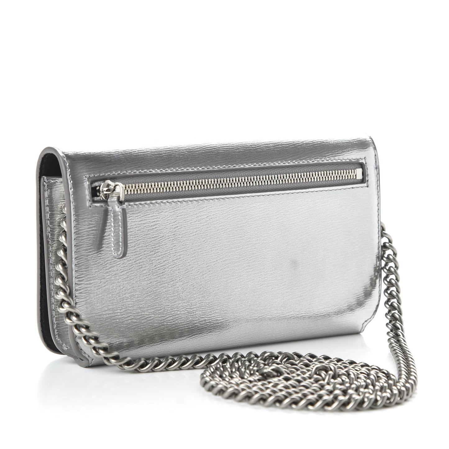 Metallic Grained Calfskin BB Phone Holder Wallet On Chain Silver