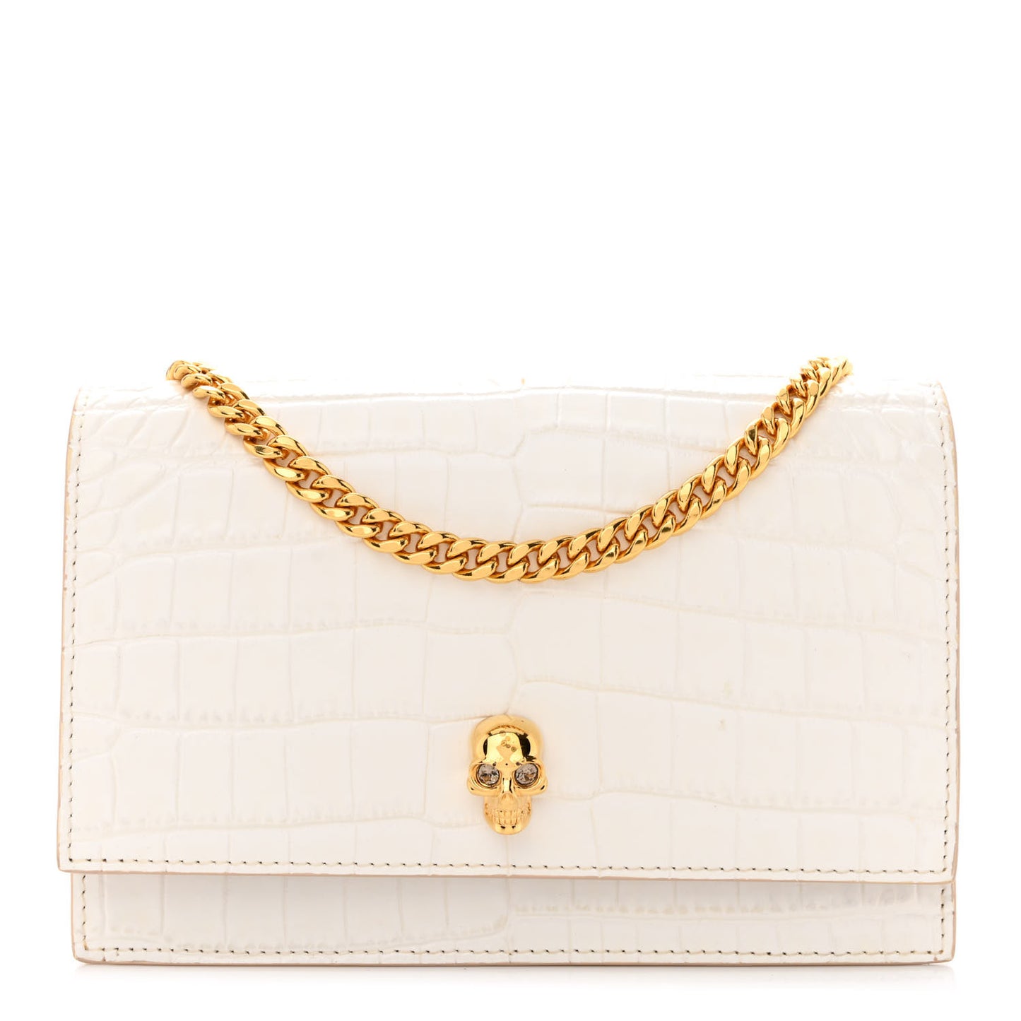 Calfskin Crocodile Embossed Skull Mini Crossbody Bag White