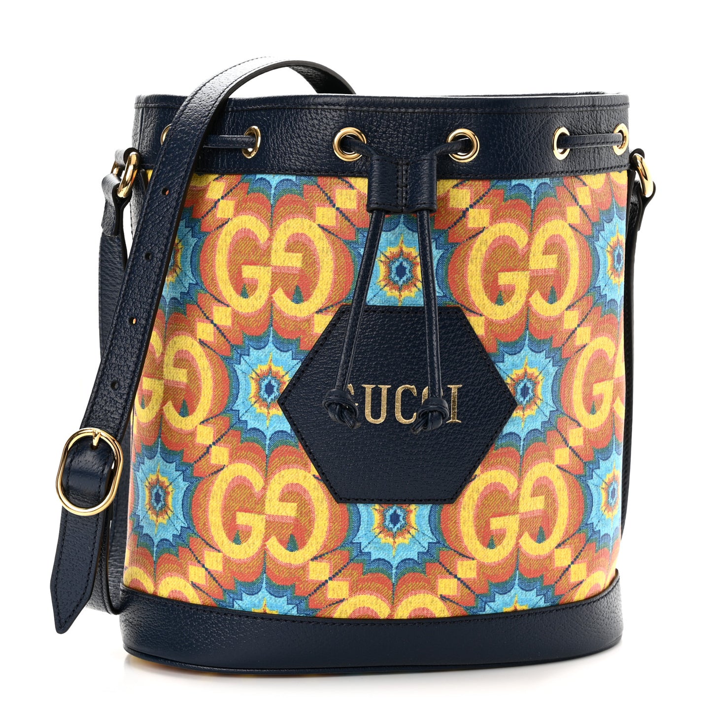 GG Supreme Kaleidoscope Calfskin Script Logo Gucci 100 Bucket Drawstring Bag Blue Orange Multicolor Blue Agata