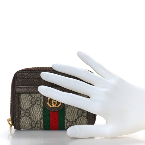 GG Supreme Monogram Textured Dollar Calfskin Web Ophidia Zip Around Card Case Wallet Beige Ebony New Acero
