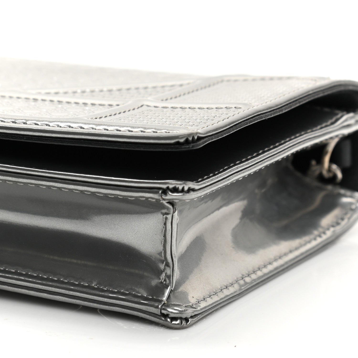 Christian Dior Metallic Patent Micro-Cannage Diorama Wallet on Chain Pouch Silver 9 of 12